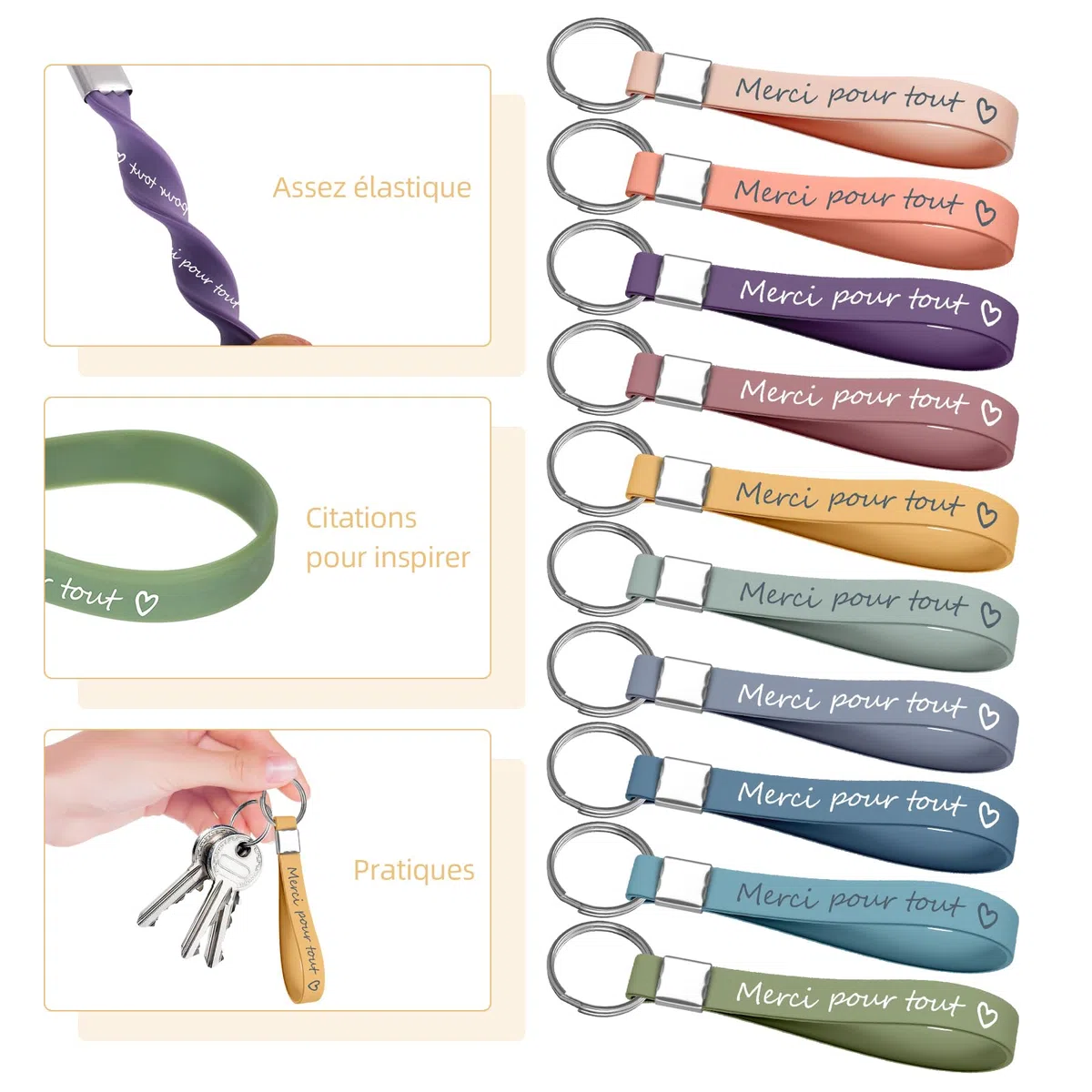 30 portachiavi in silicone con messaggio di ringraziamento francese. Ideale come regalo di ringraziamento o di addio. Adatto per insegnanti, compagni di classe, colleghi, collaboratori, famiglia