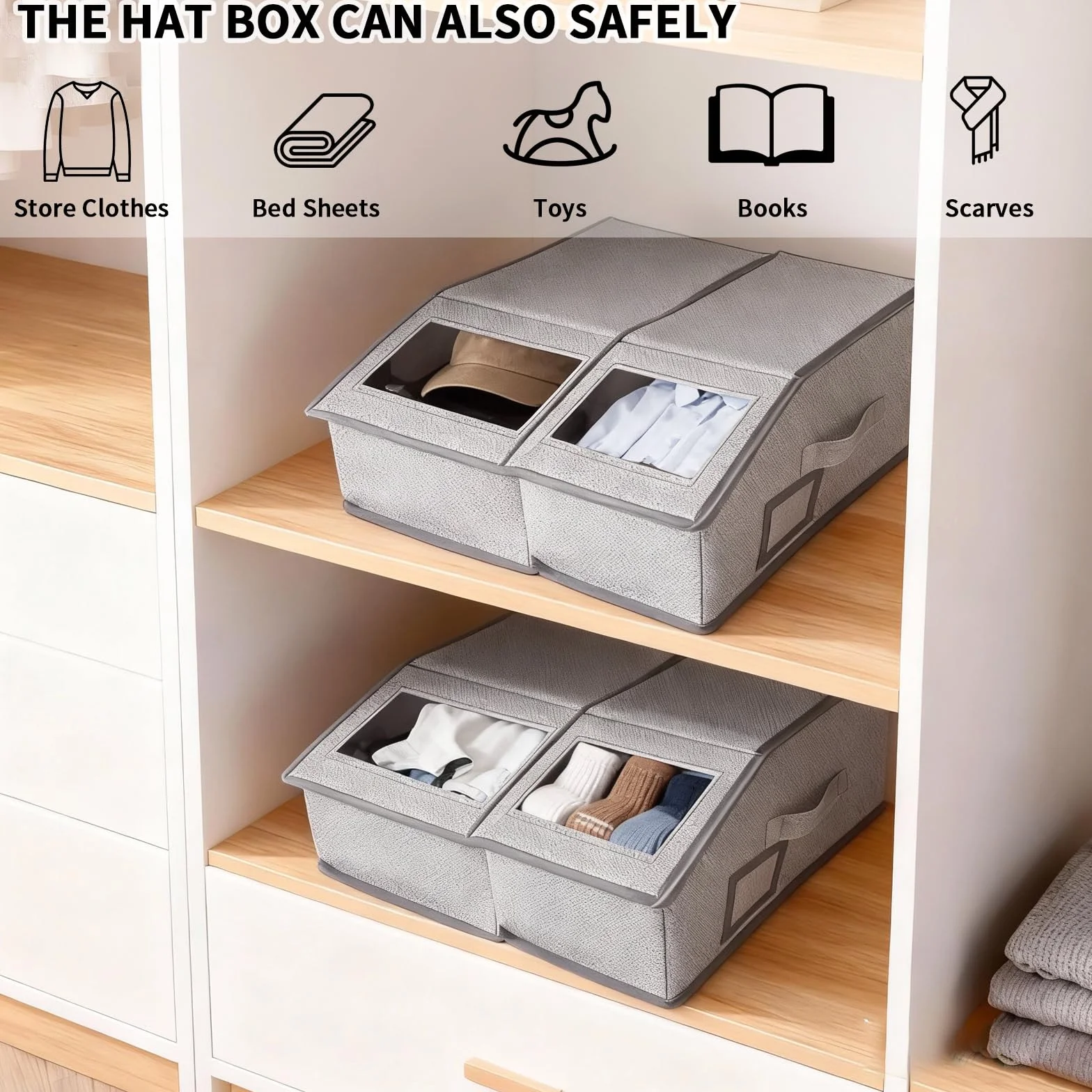 Scatola Porta Cappelli con Finestra Trasparente – Contenitore Pieghevole e Impilabile in Tessuto, Organizzatore Armadio Anti-Polvere, Scatola Salvaspazio per Cappelli, Vestiti e Accessori