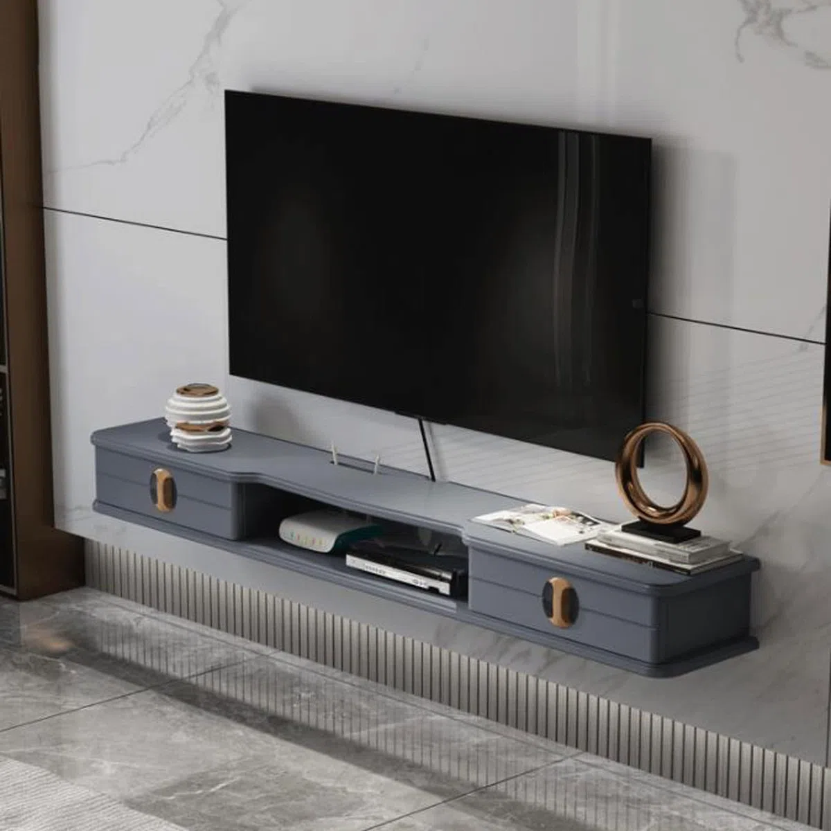 Mensola sospesa da parete con router SetBox, supporto per console TV con ripiano per giocattoli e cornice per foto, lettore DVD, per CD e DVD, Sky Box, supporto per TV e Goo