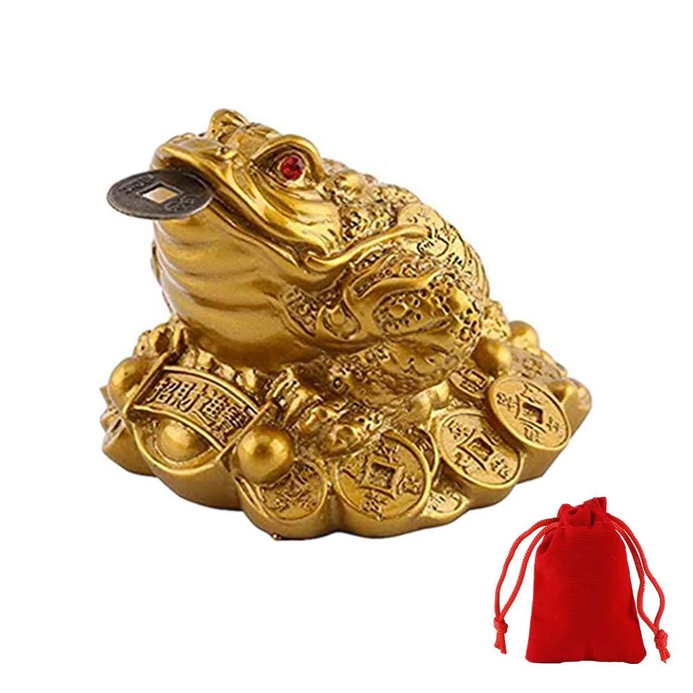 statuetta a forma di rana con moneta portafortuna in bocca, portatrice di fortuna e ricchezze, decorazione feng shui