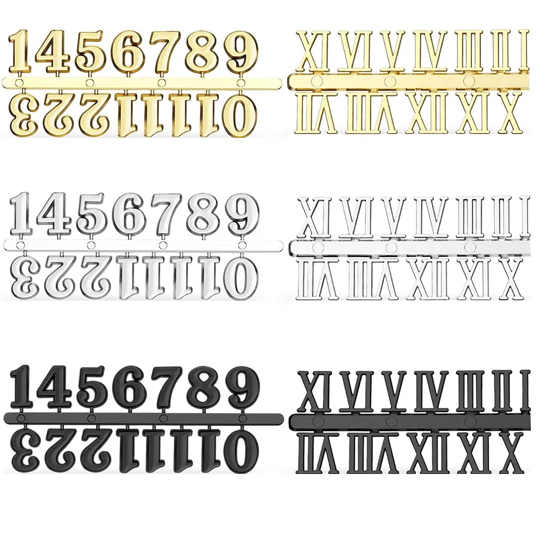 Kit di numeri per orologio da 6 pezzi con numeri arabi e romani Numeri di orologio digitale fai da te per il design Sostituzione riparazione accessori per orologi(nero, argento, oro)