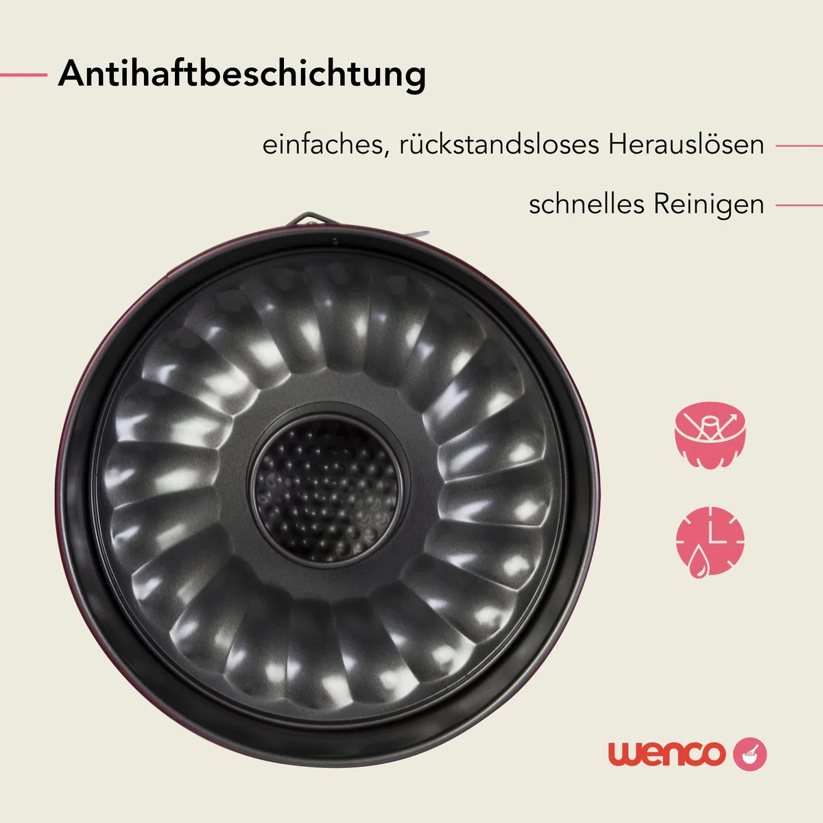 wenco Tortiera a Cerniera Rotonda Ø 26 cm – Stampo per Torte e Dolci con Fondo Piatto e Fondo a Ciambella – 2 Fondi Intercambiabili – Antiaderente, Antigoccia, Rosso