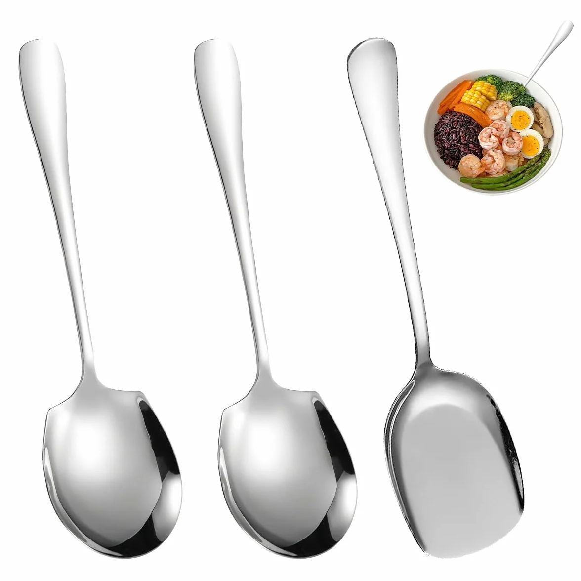 3 Pezzi Cucchiai da Portata Grandi in Acciaio Inox, Cucchiai da Buffet con Manico Lungo, Facile da Pulire, Cucchiaio da Portata, Grande Cucchiaio da Insalata per Cucina, Ristorante, Banchetto, Argento