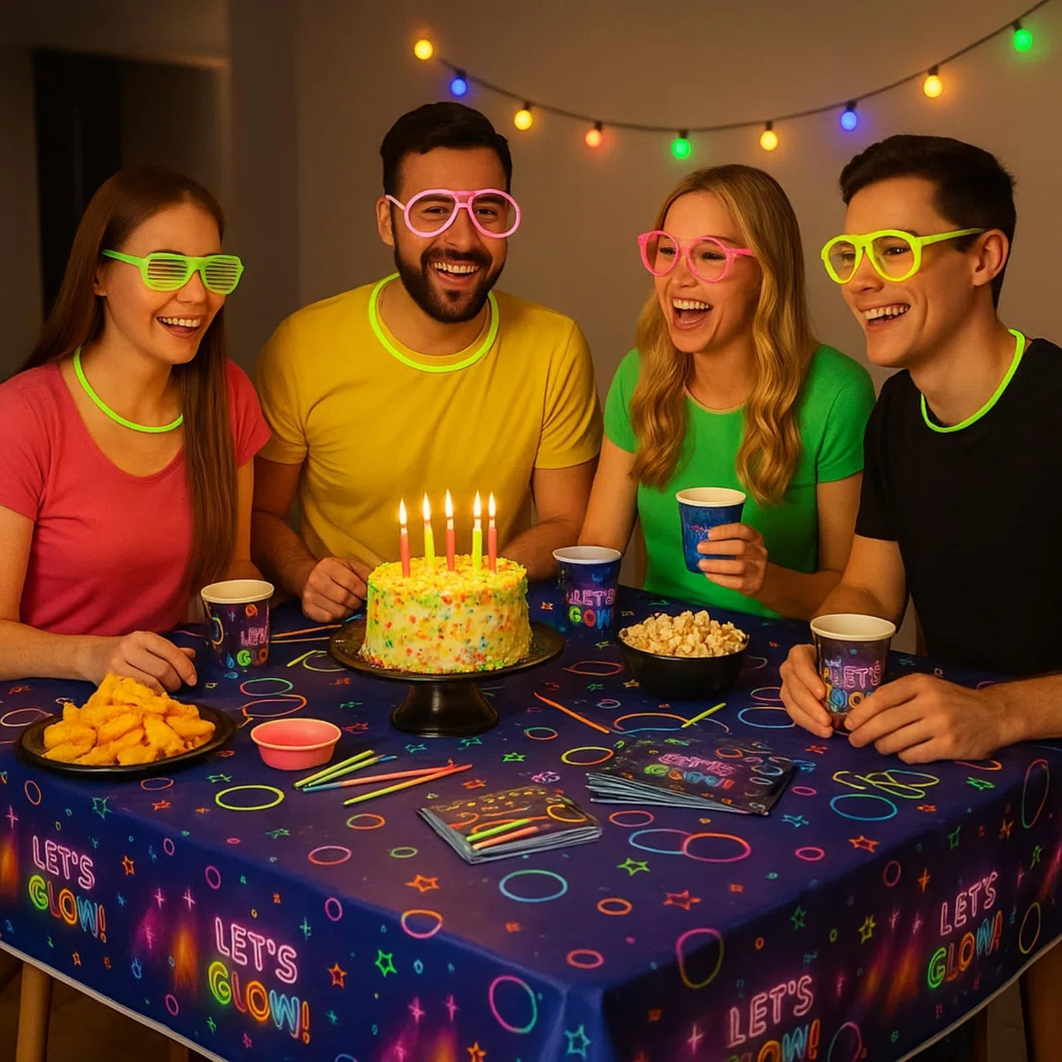Set di 2 tovaglie impermeabili con 20 tovaglioli fluorescenti, reattivi ai raggi UV, in plastica PE facile da pulire, per feste di compleanno, decorazioni per interni ed esterni (stile A)