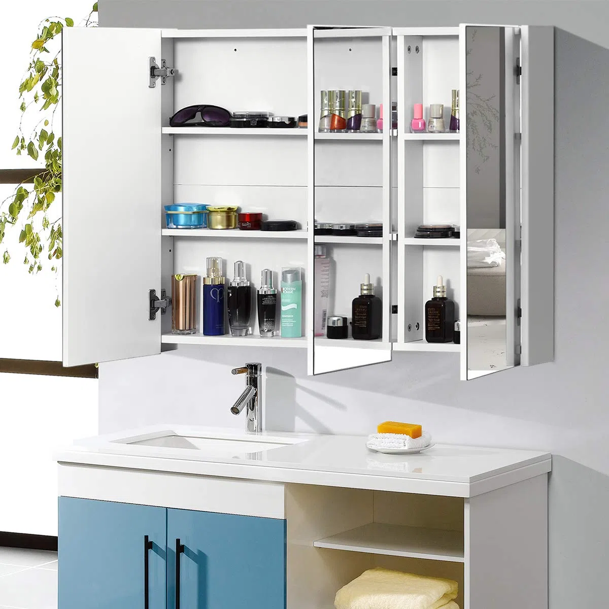COSTWAY Armadietto Specchio Bagno con 3 Ante, 90 x 65 x 11 cm, Specchiera Bagno a Parete con Mensole Regolabili, Specchiera con Contenitore Salvaspazio per Ingresso e Soggiorno