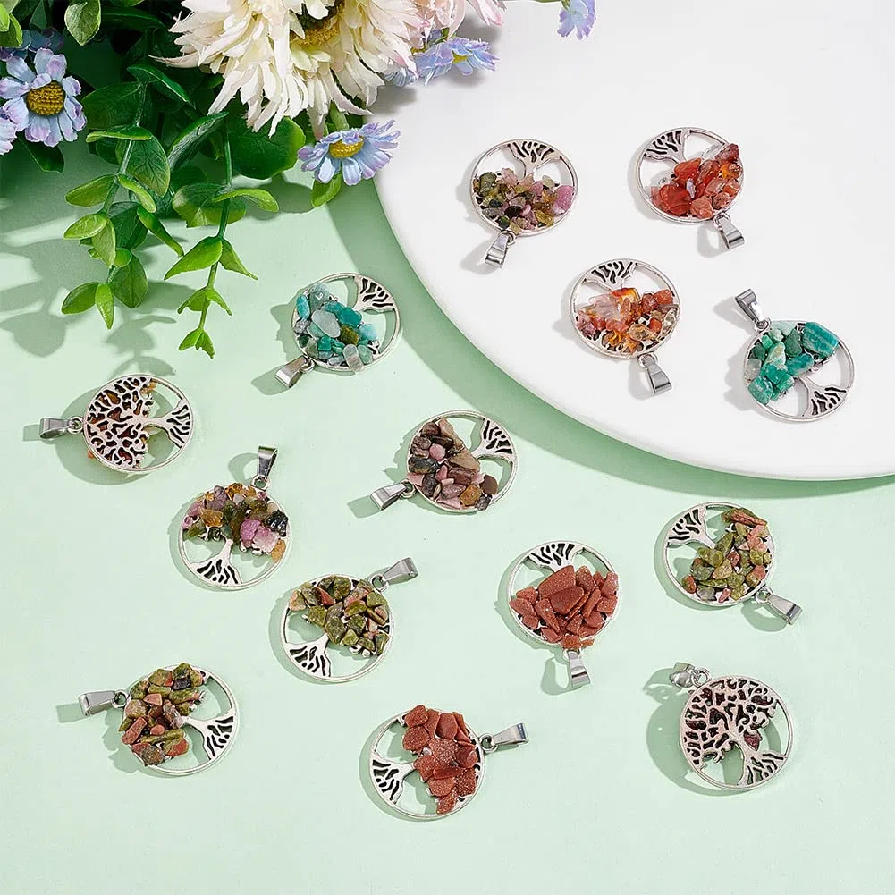 PH PandaHall 32pz Ciondolo Albero della Vita con Pietre, 8 Stile Charm Pendente Albero della Vita Ciondolo Rotondo Argento Ciondoli Pietre per Collane Bomboniere Portachiavi Fai da te