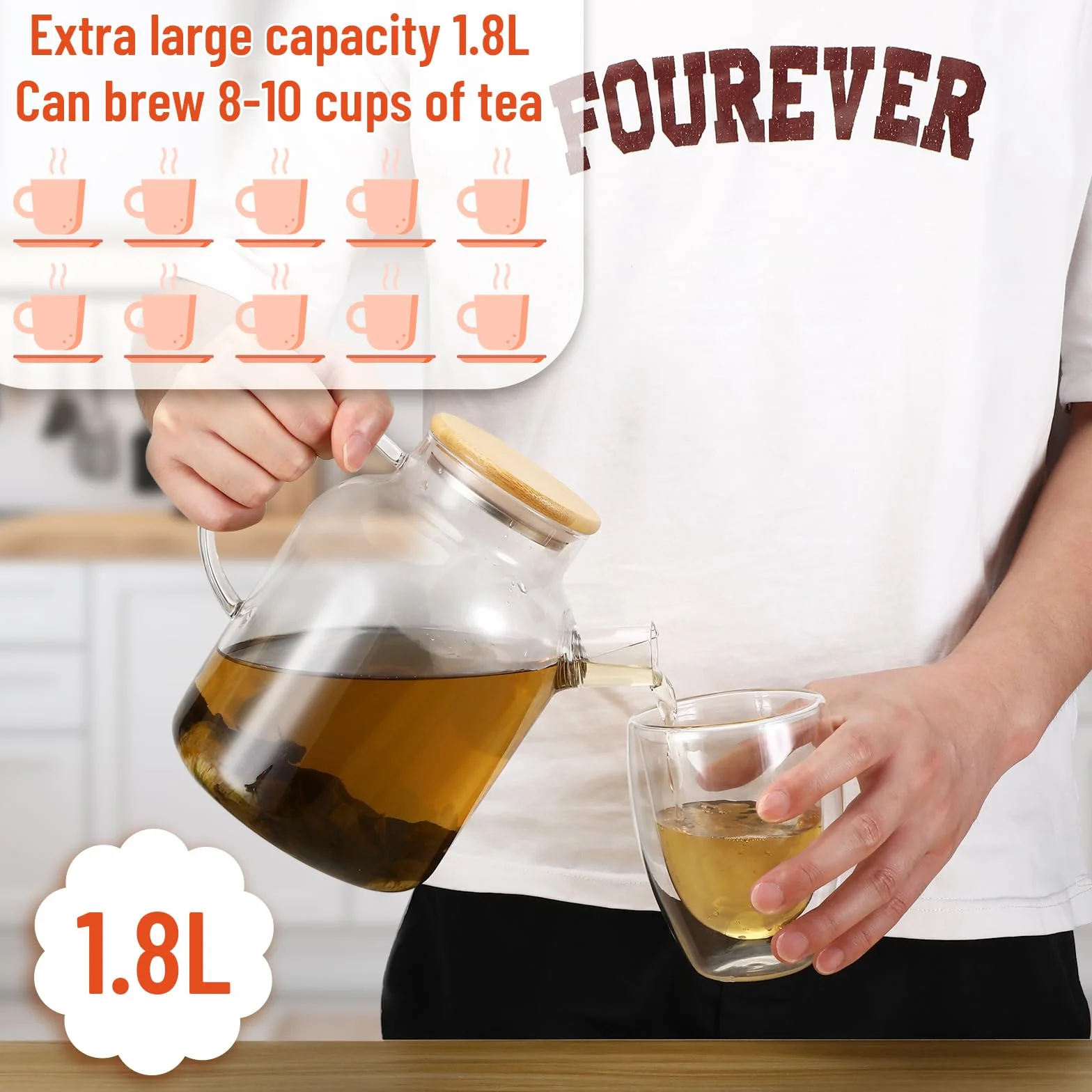 Kasanni Teiera In Vetro 1.8 L Copertura In Legno Con Filtro Resistente Al Freddo e ai Calore, a Prova di Esplosione Teiera Vetro Borosilicato Adatto Per Tè, Tisane Profumate e Bevande Alla Frutta