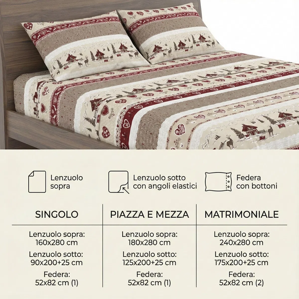 Tex family Completo Lenzuola Tirolese Valbadia - 100% Cotone Made in Italy - Stile Montagna Cervi e Baite - Due Piazze