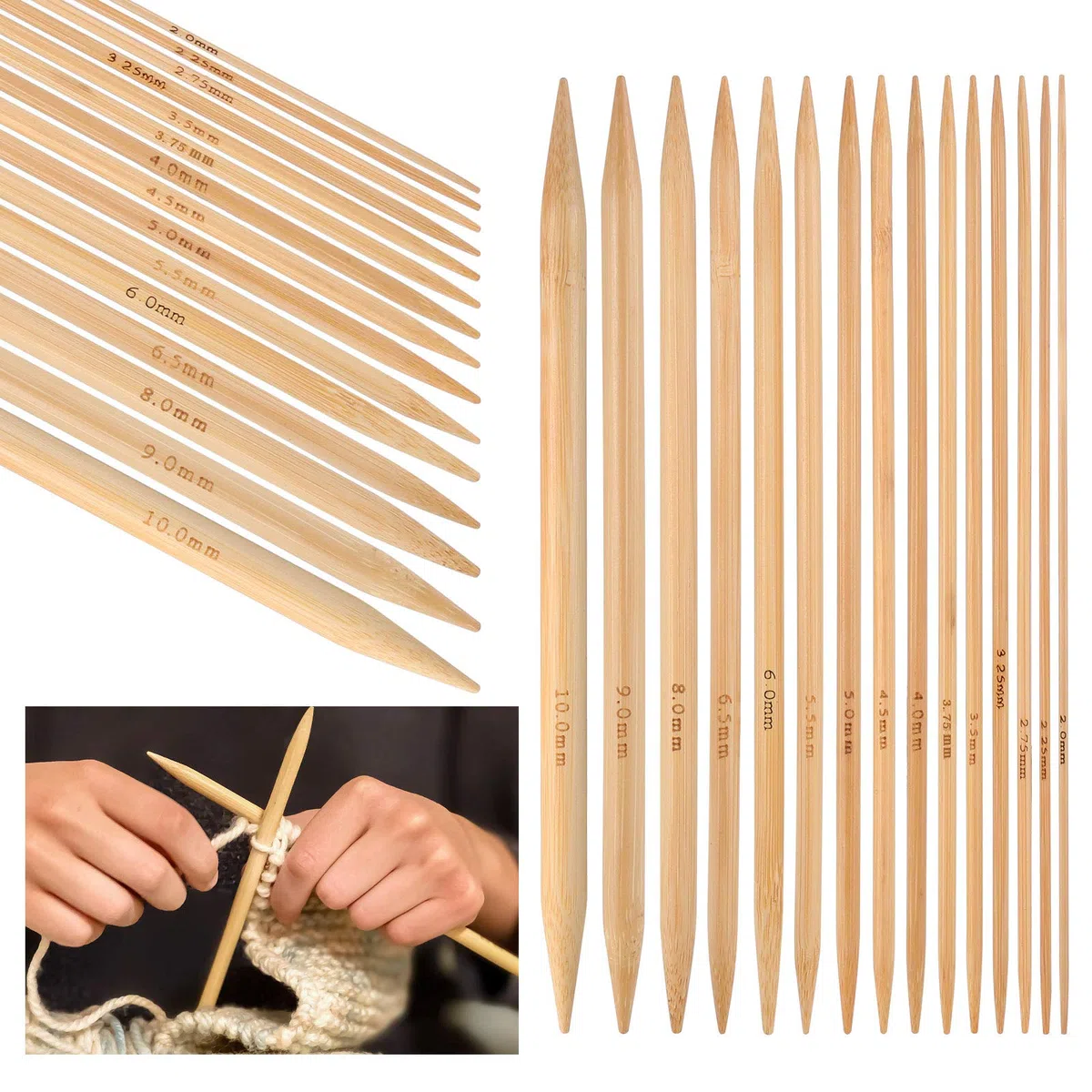 75 Pezzi Set di Ferri a Doppia Punta,15 Dimensioni Ferri da Maglia in Bambù, 2mm 2.25mm 2.75mm 3.25mm 3.5mm 3.75mm 4mm 4.5mm 5mm 5.5mm 6mm 6.5mm 8mm 9mm 10mm