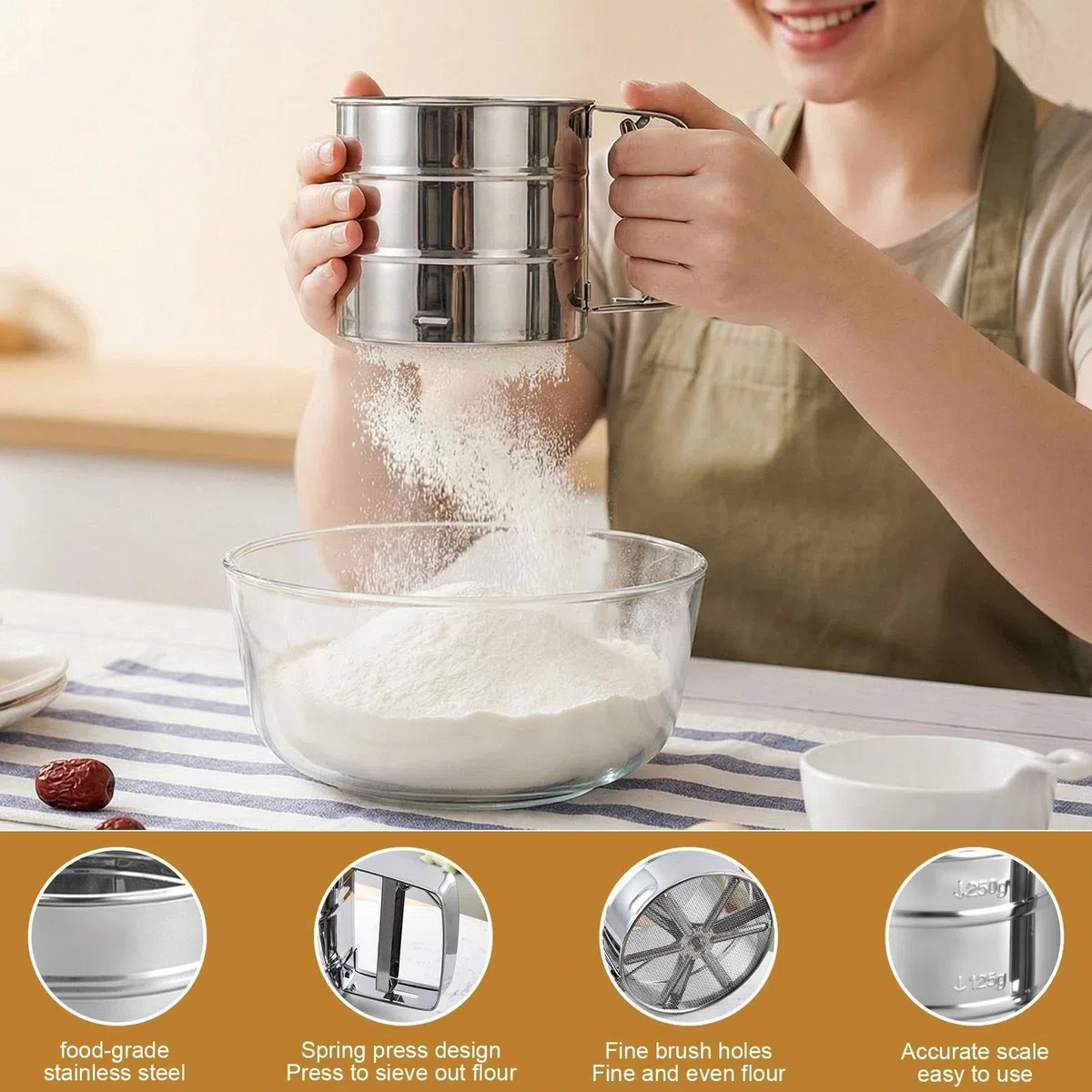 Set di 5 Setaccio Farina in Acciaio Inox Spargi Zucchero a Velo a Una Mano Colino Cucina con Coperchio con 16 Coffee Stencils Setaccio per Farina per Cacao, Spezie, Zucchero, Cioccolato