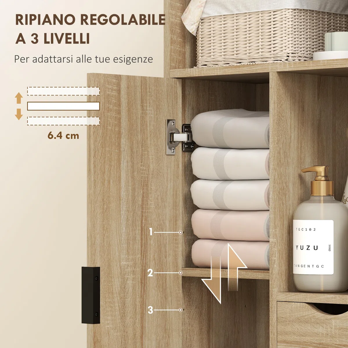 HOMCOM Mobiletto Bagno Salvaspazio Slim, Mobile Bagno con 2 Cassetti, Ripiani Regolabili a 3 Livelli e Armadietto, Stile Nordico, 50x25x100 cm, Legno Naturale
