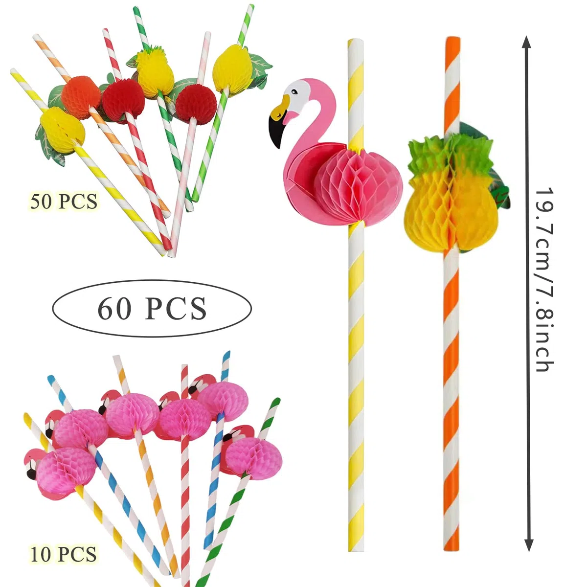 60 cannucce divertenti hawaiane per cocktail party – frutta 3D, fenicottero, carta usa e getta per decorazioni tropicali, bevande fredde, succhi di frutta