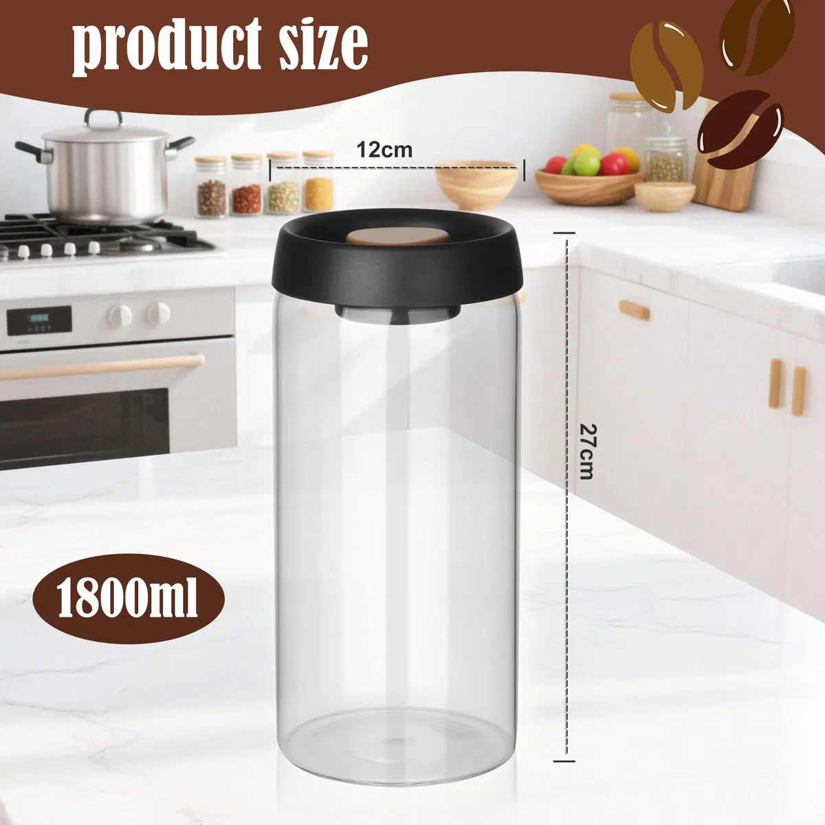 Contenitore per Barattolo sottovuoto caffe da 1800 ml, design a pressione per il vuoto, Barattolo caffe di grande capacità, contenitore per la conservazione dei chicchi di caffè a prova di umidità