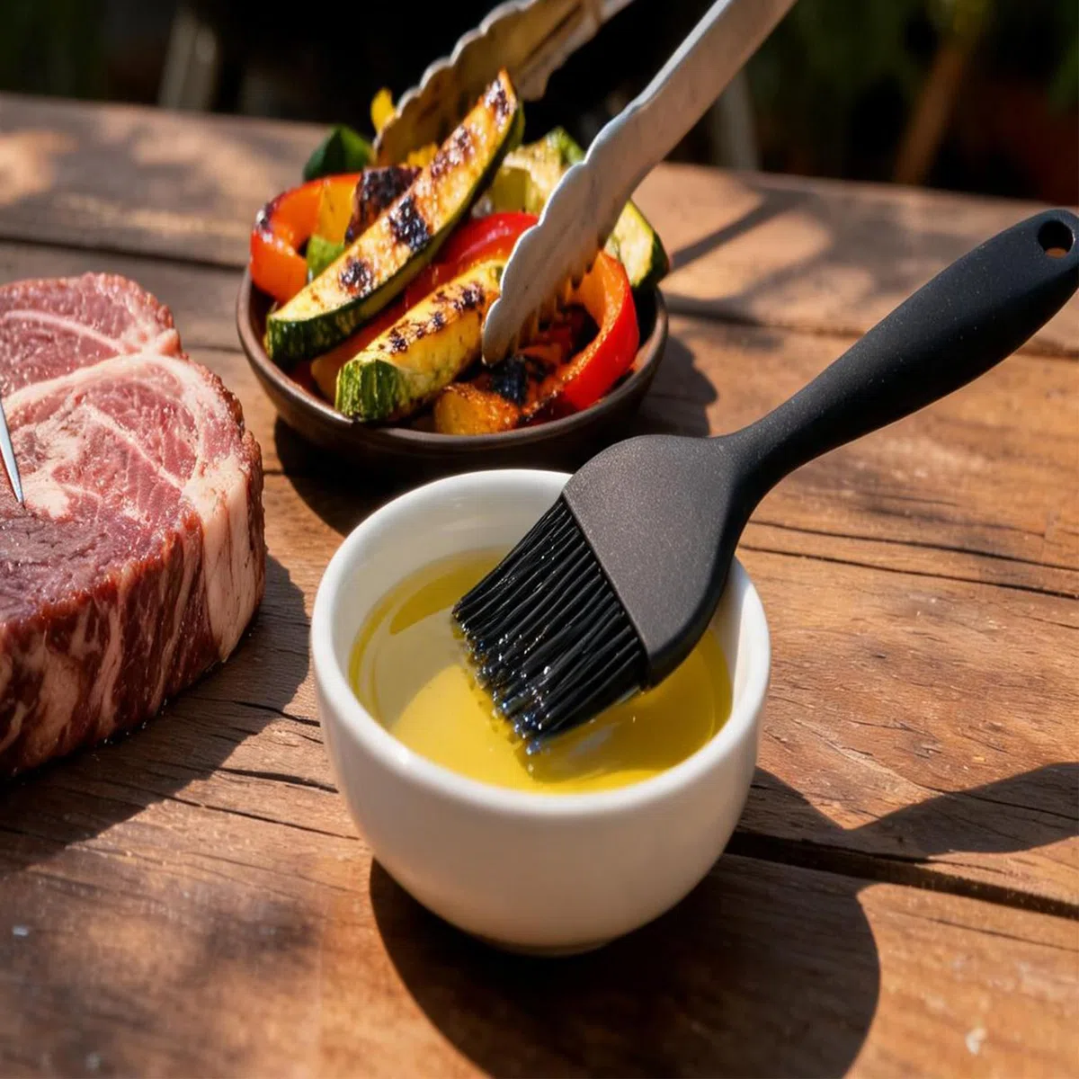 Set Forchetta da Arrosto in Acciaio Inox con Pinza da Grill & Pennello in Silicone, Utensile da Cucina 3-in-1 Versatile per Grigliate, Arrosti & Servizio