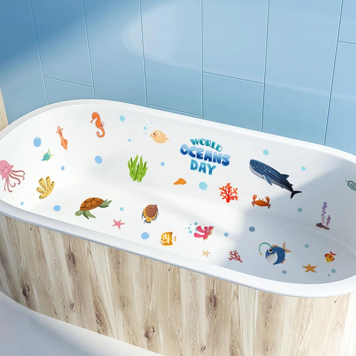 TAIZER Adesivo per vasca da bagno, autoadesivo, antiscivolo, motivo floreale, con animali marini, antiscivolo, ad alta potenza, per superfici della doccia (blu)