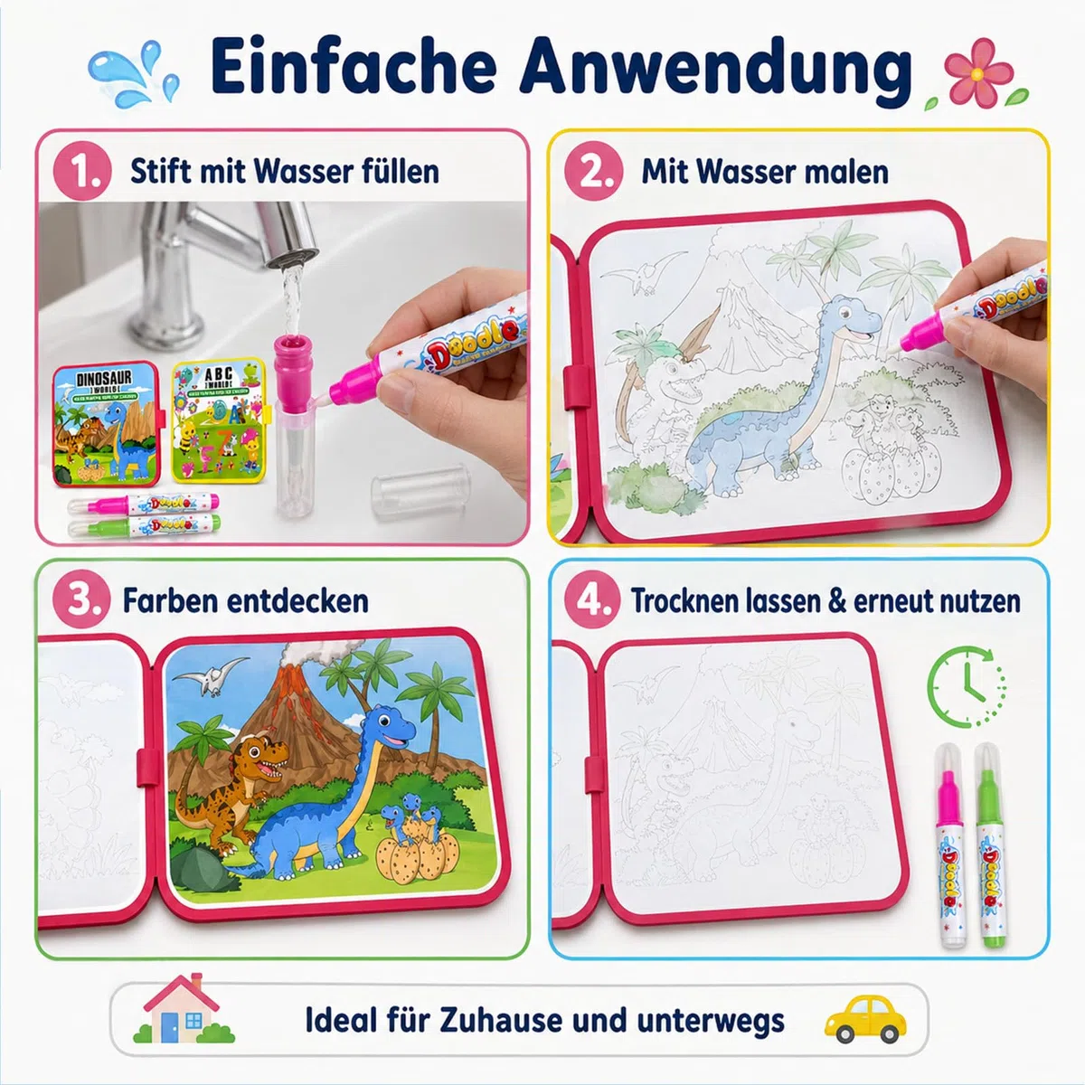 LEMONSTONE 2 libri da colorare ad acqua a partire da 1 2 3 anni, libro da colorare riutilizzabile con 2 penne ad acqua, libro magico per bambini e ragazze, 20 x 20 cm