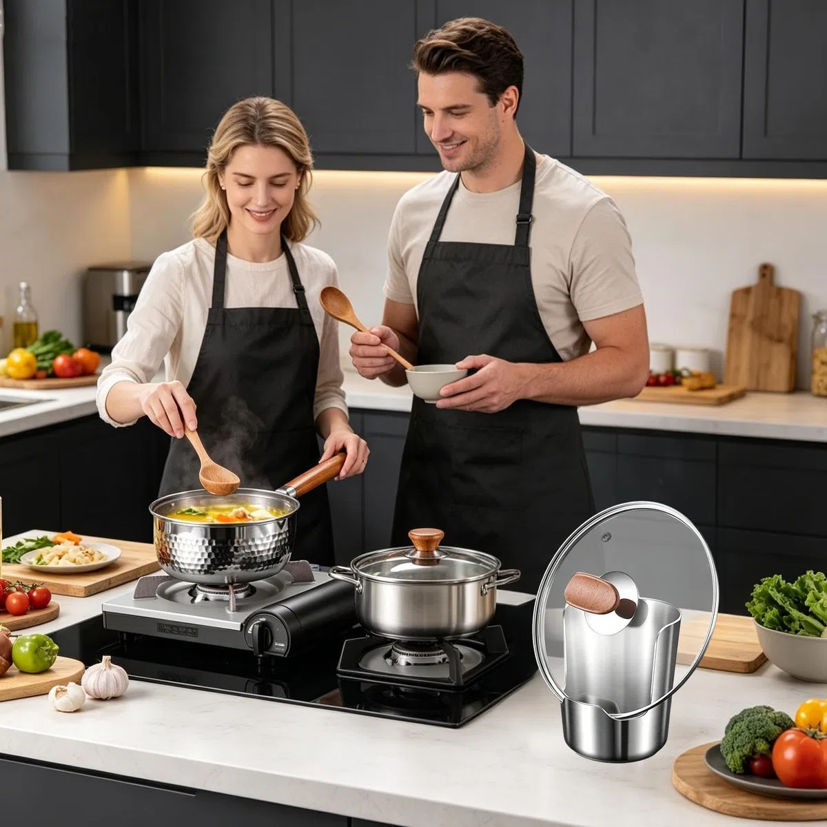 Generico Poggia Cucchiaio e Coperchio - Acciaio 304 9.8 cm Supporto Cucina Multiuso | Porta Mestolo Anti Goccia con Base Antiscivolo per Piano Cottura Tavolo Cucina Organizzazione Casa