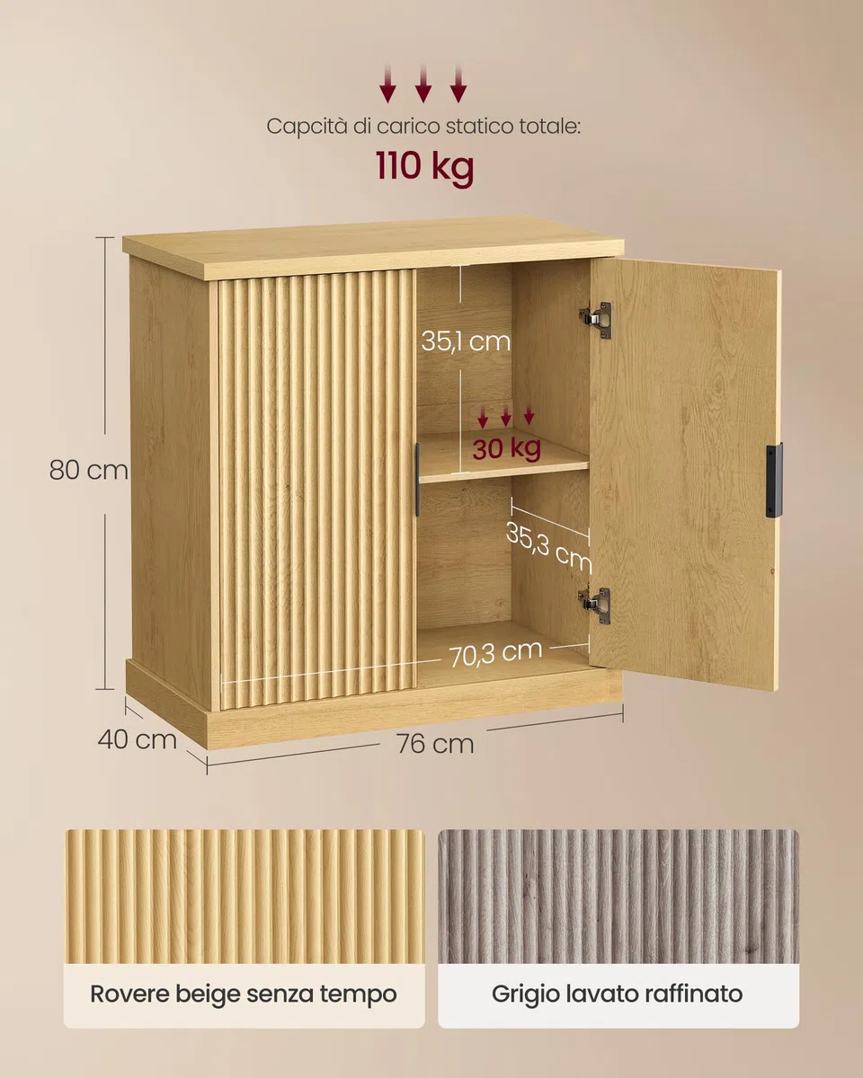 VASAGLE MAXE Collezione - Credenza, Mobile Console, Madia con Ripiani Regolabili, Ante Scanellate, Stile Transizionale, Dispensa Cucina Sala da Pranzo, Beige Rovere BBK344Y01