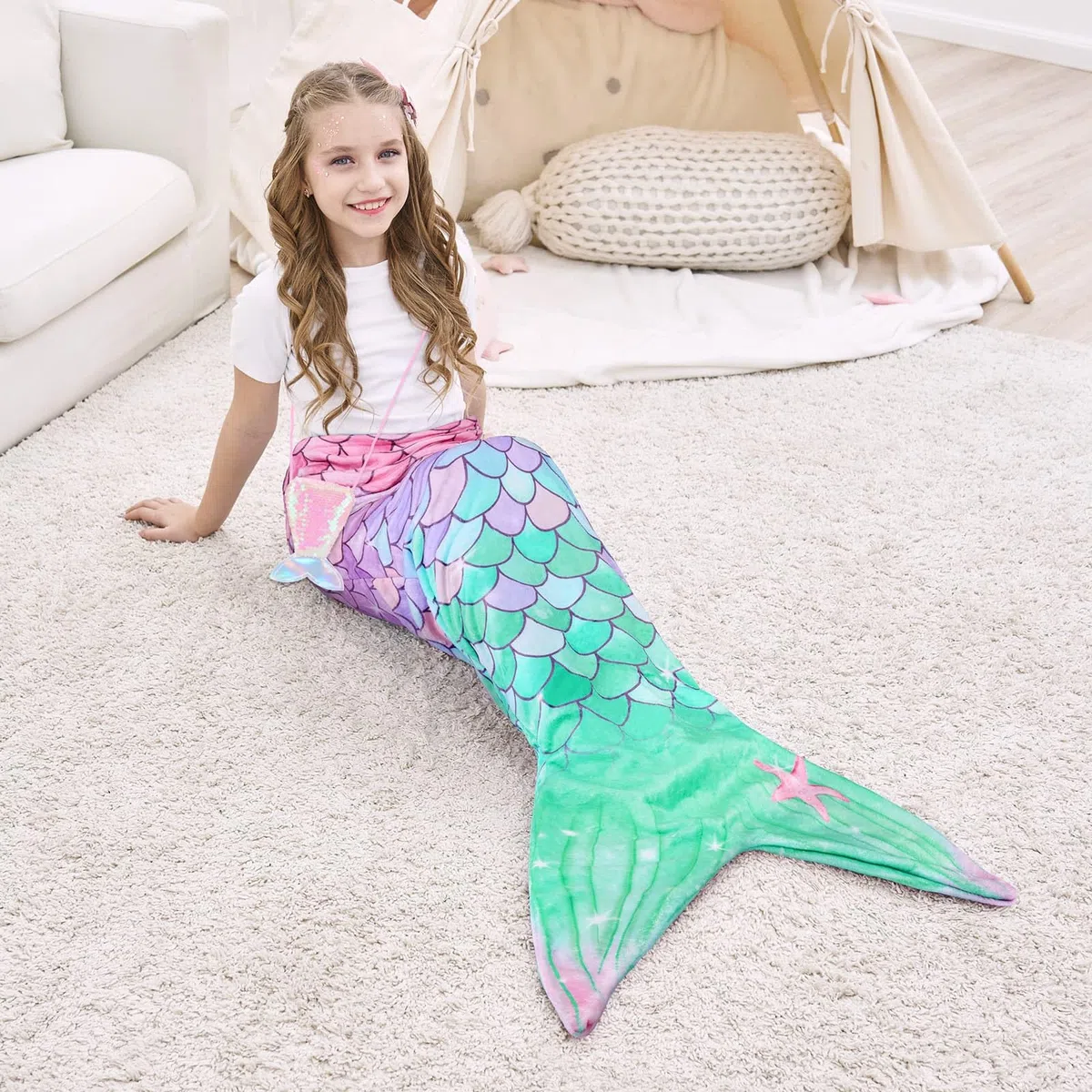 WERNNSAI Coperta con Coda di Sirena per Bambini - Coperta Indossabile con Sirena in Peluche con Paillettes Borsello portamonete 140 x 60 cm Sacco a Pelo Calda per Adolescenti Regalo (Rosa & Grün)