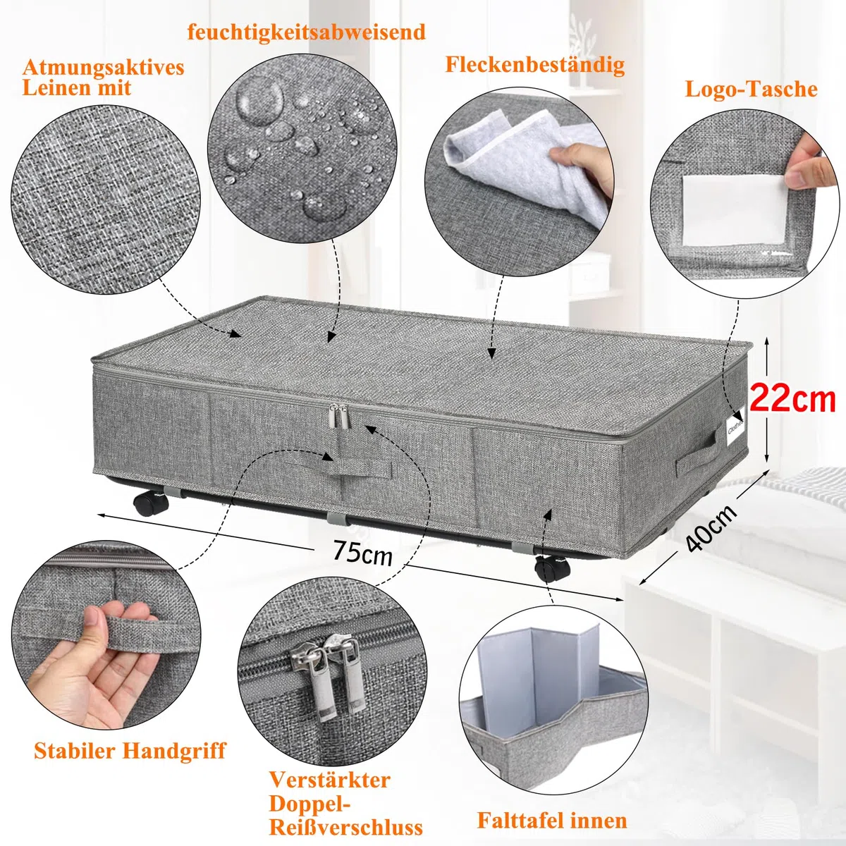 JUPELI 2 cassetti sotto il letto con ruote, 50 l, pieghevole, scatola portaoggetti, cassettiera, cassetti con supporto da pavimento in metallo