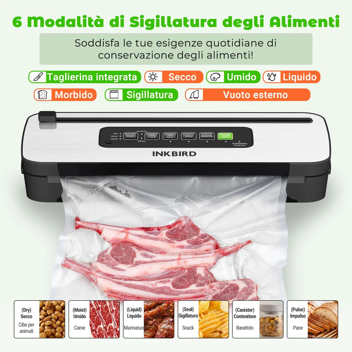 INKBIRD Macchina Sottovuoto Alimenti, Elettrodomestici di Messa Sotto Vuoto Con Taglierina Integrata | 7 Modalità di Sigillatura/Bagnata/Liquida, 130W Alta Potenza - Guarnizione Rapida, Indicatore