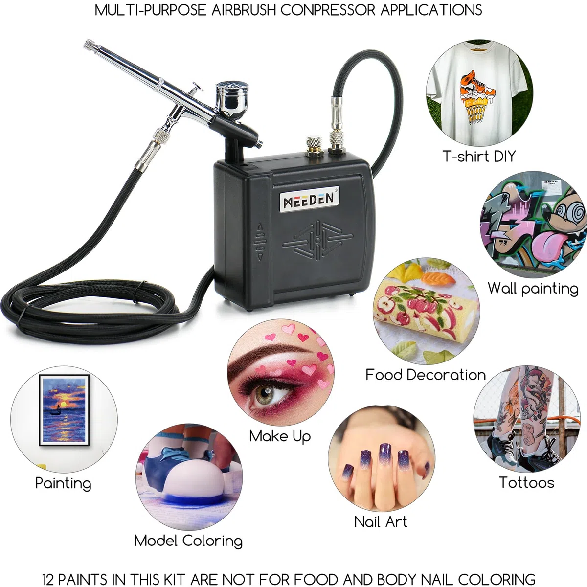MEEDEN Kit aerografo con mini compressore d'aria portatile, pistola aerografo a doppia azione con alimentazione a gravità, kit di pulizia a 12 colori aerografo per la pittura di modelli - Nero