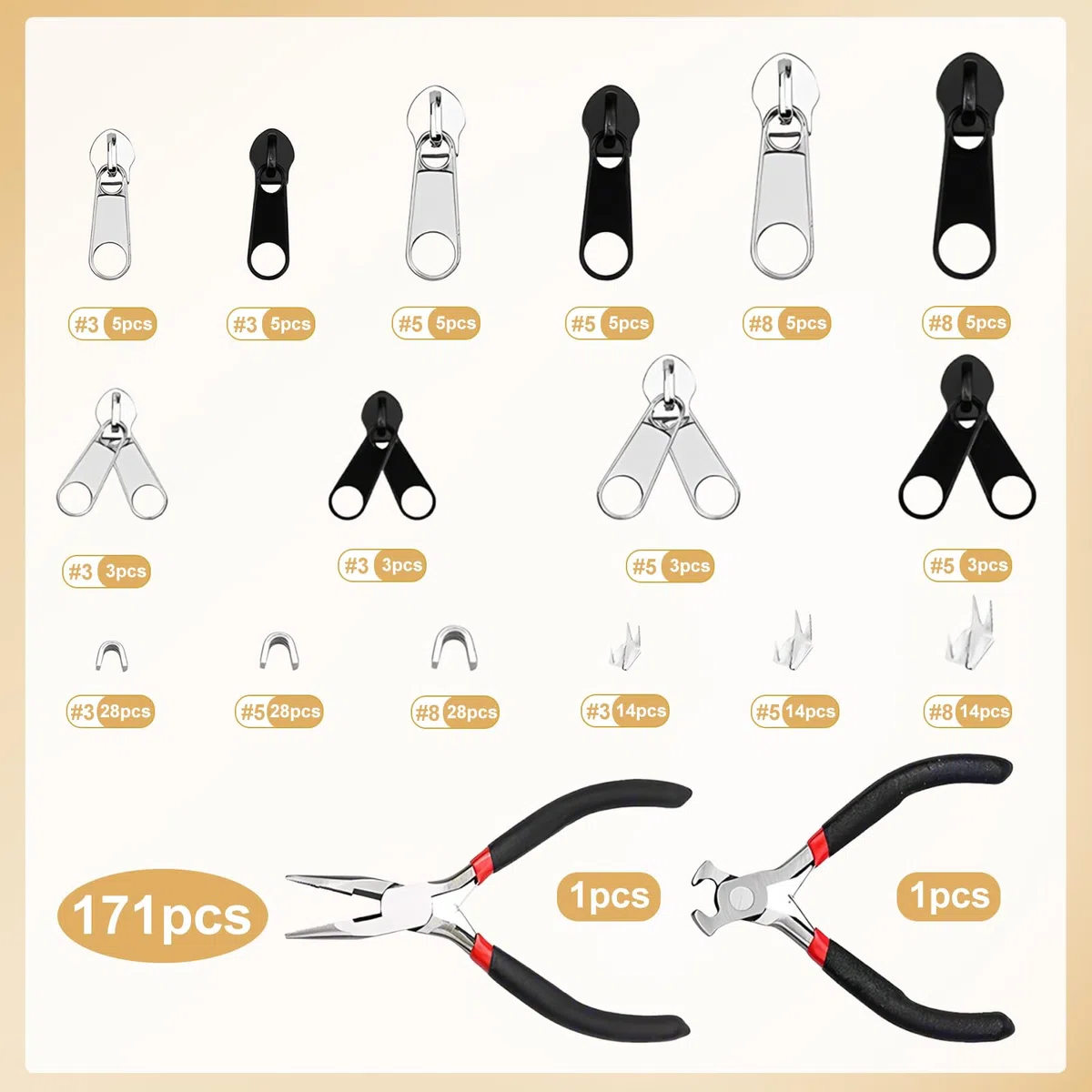 Eulihent 171 Pezzi Kit di Riparazione Cerniere Lampo con Pinze, Cerniere, Cursori, Linguette Metalliche di Ricambio, per Jeans, Giacche, Cappotti, Borse, Tende, Bagagli, Dimensioni 3/5/8mm
