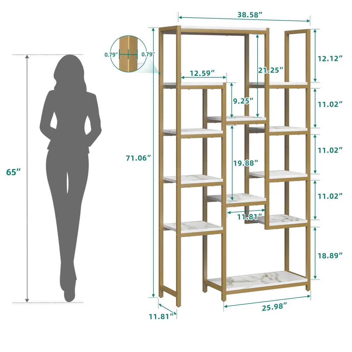 YITAHOME Scaffale dorato a 6 livelli, scaffale moderno da 71 pollici di altezza con ripiano a 12 ripiani, ripiano in marmo sintetico aperto per soggiorno, camera da letto,