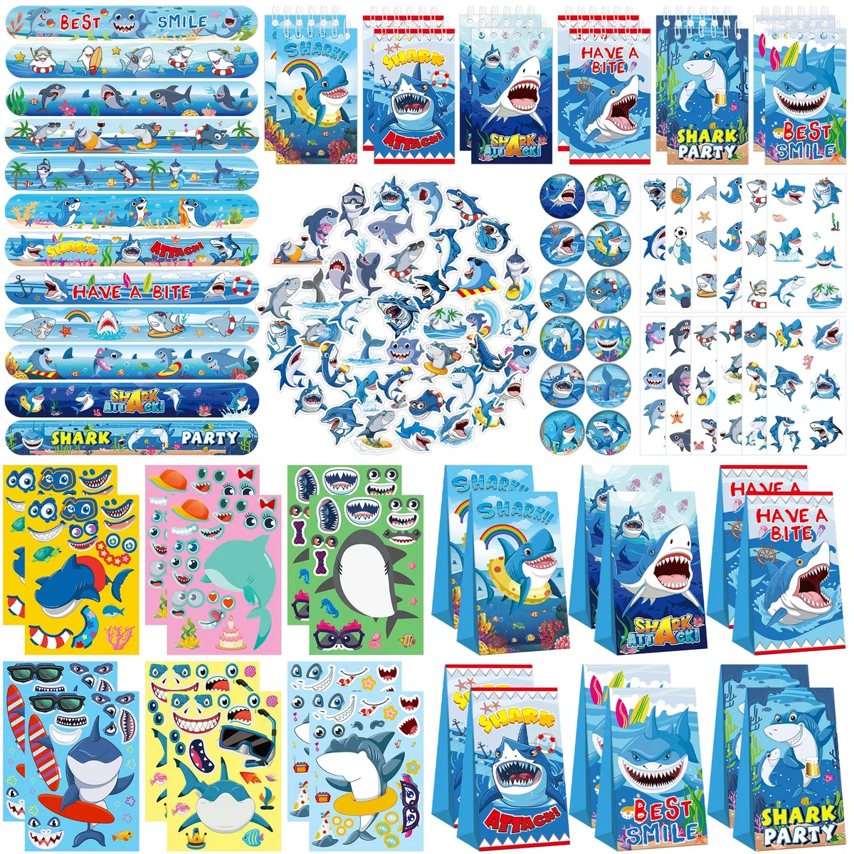 114PCS Set di bomboniere per feste di squalo - 12 Braccialetti Shark Braccialetti 54 Adesivi per squali 12 Shark Favor Bag 12 adesivi per tatuaggi di squalo 12 taccuini di squalo