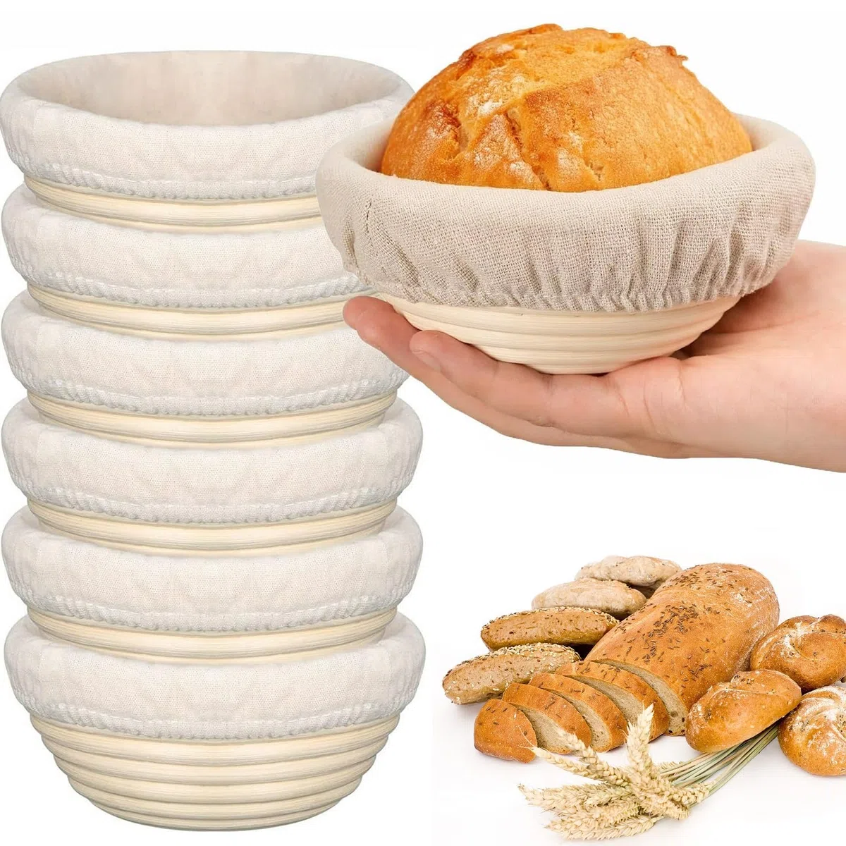 Set di 6 cestini per lievitazione Banneton, cestini per pasta, rotondi, cestini per lievitazione, realizzati a mano, cestini in rattan, artigianato, set per la preparazione del pane al lievito madre