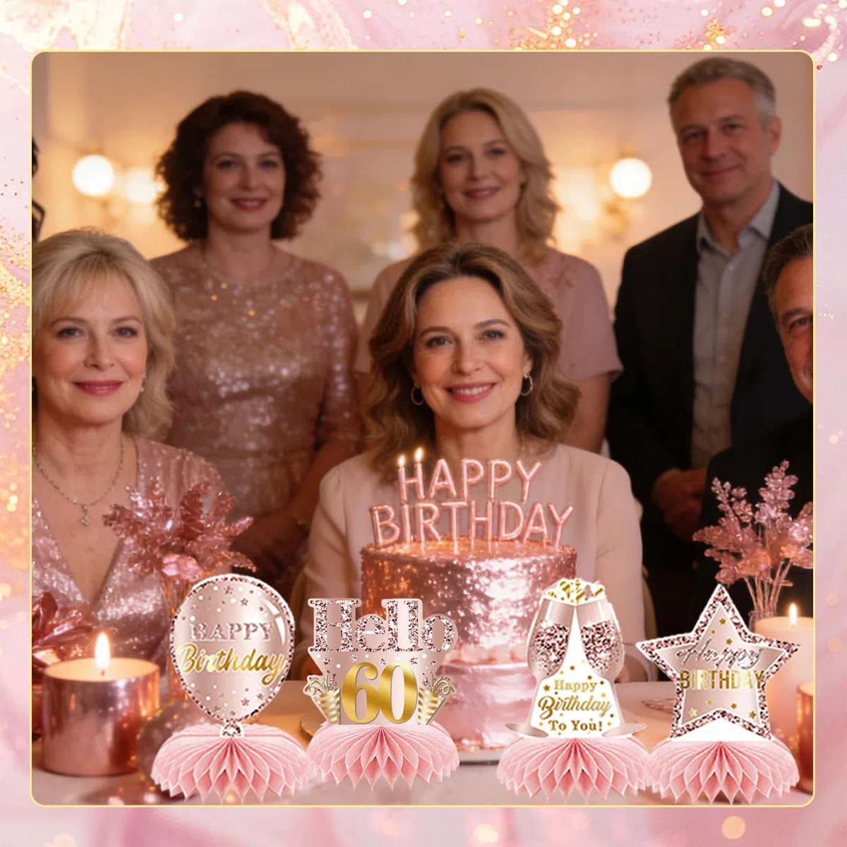 9 Pezzi Rosa Rosegold 60 Compleanno Favo Centro Tavola Decorazione per Ragazze Felice 60 Compleanno Decoro Tavolo Feste Accessori Torte di Compleanno a Diciotto An
