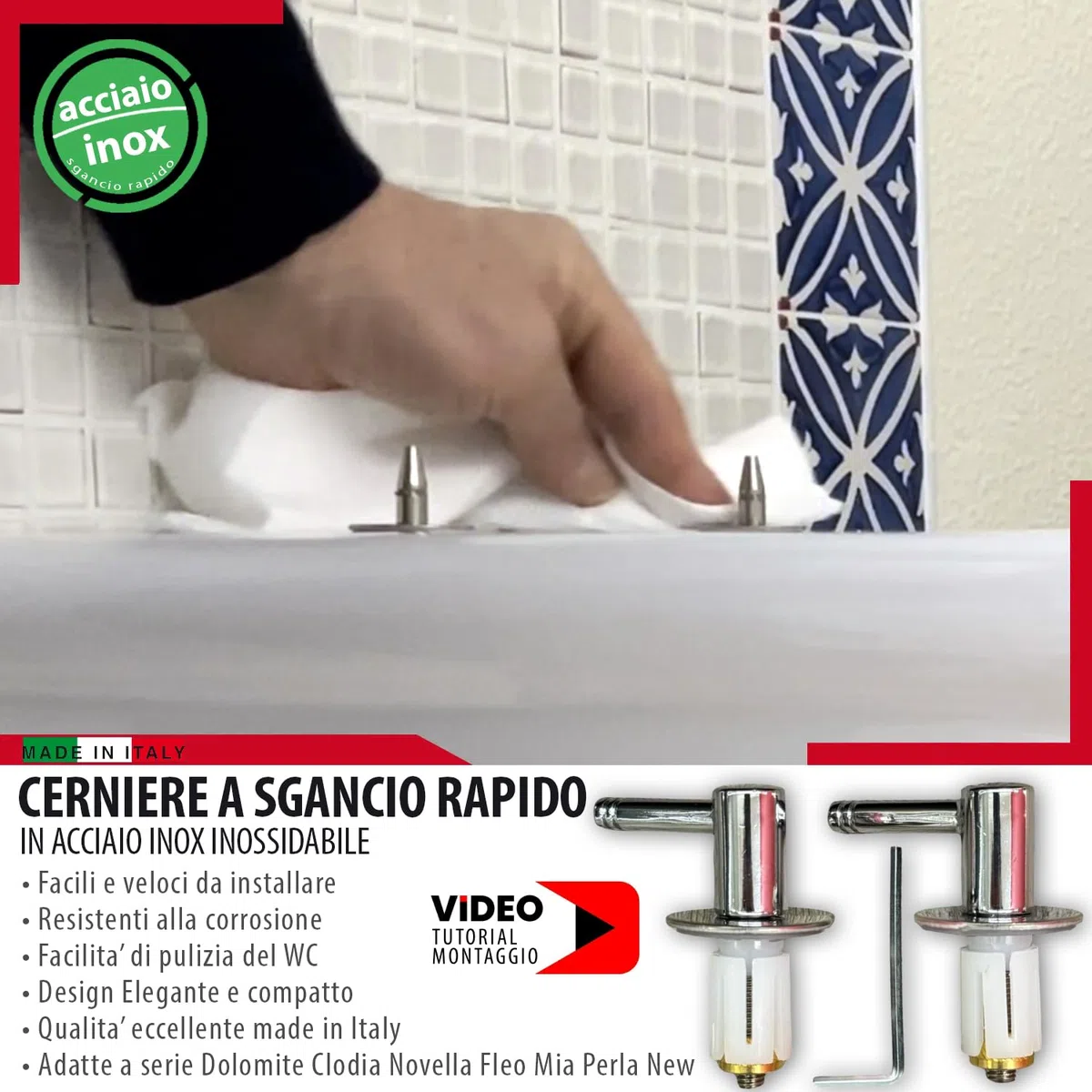 Cerniere Tavoletta WC Acciaio Inox - MASTERBRICO, Cerniere Copriwater a Sgancio Rapido, Universali per Copriwater Dolomite Clodia, Mia, Fleo, Novella, PerlaNew - Design Cromato Moderno - Set 2 Pezzi