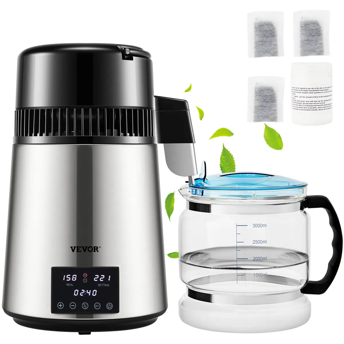 VEVOR Distillatore d'Acqua da Banco Potenza 1750W in Acciaio, Distillatore per Purificazione dell'Acqua Produttività 1,5L/H, Alambicco per Distillazione d'Acqua Controllo di Tempo Contenitore in Vetro