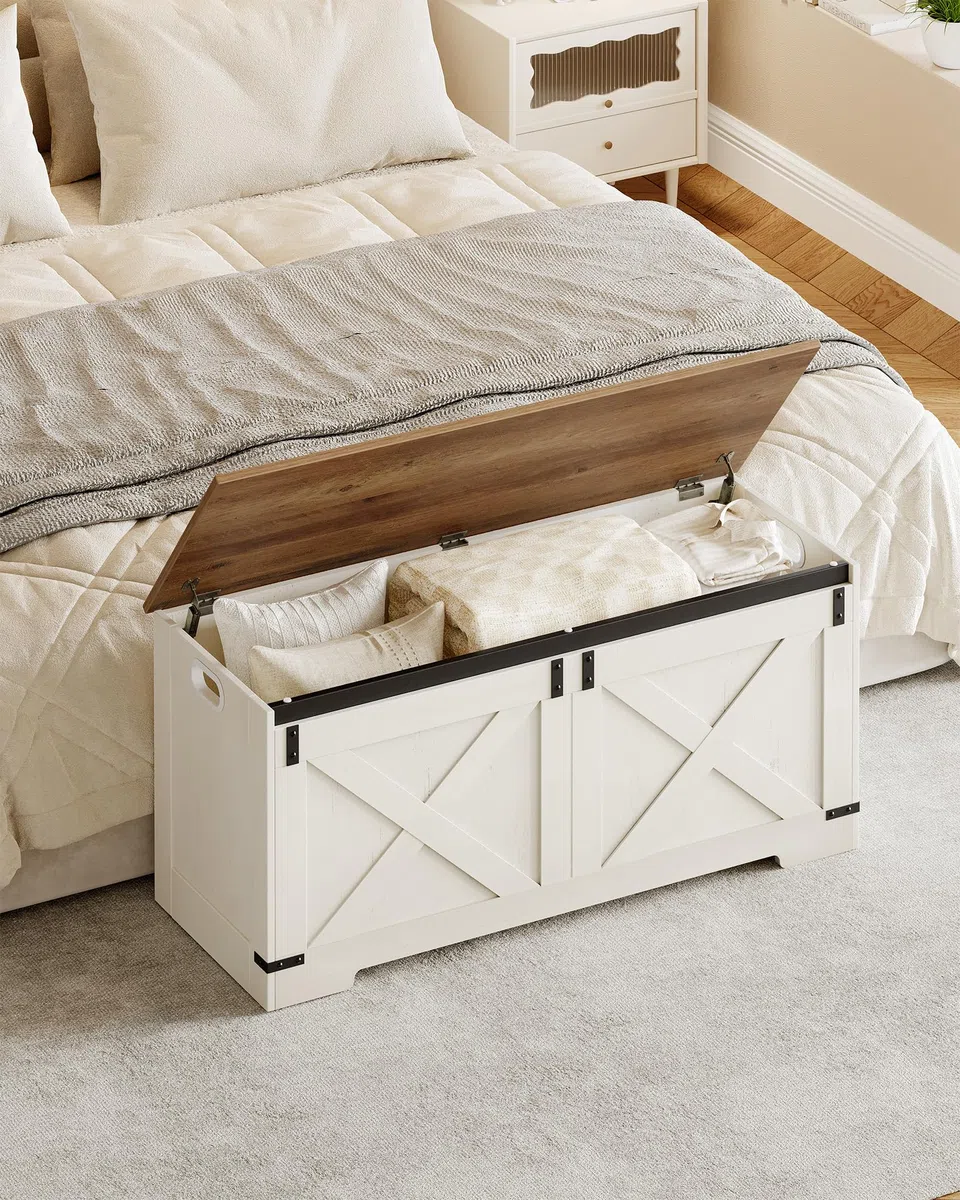 Hzuaneri Cassapanca da 109 cm, Cassapanca Contenitore con Cerniere di Sicurezza, Armadio da Deposito 40 x 109 x 48,5 cm, per Ingresso Camera da Letto Soggiorno, Bianco Marrone SB10914X