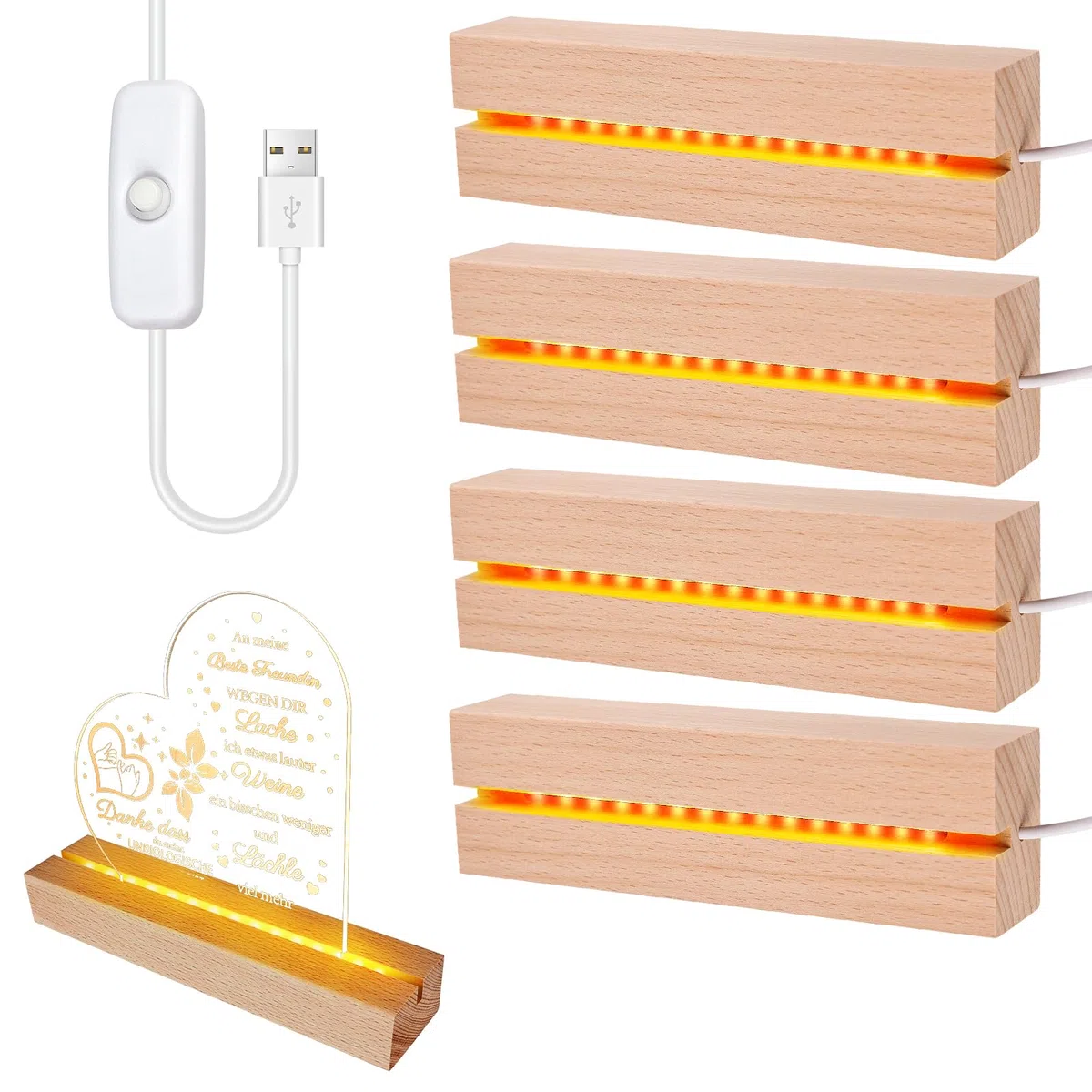 BORDEAG LED Luci Display Base, 4 Pezzi Base Luce Led Legno con USB, Base Rettangolare con Led per Lastra in Acrilico, Lastra in Cristallo, Lunghezza 15 cm, Bianco Caldo