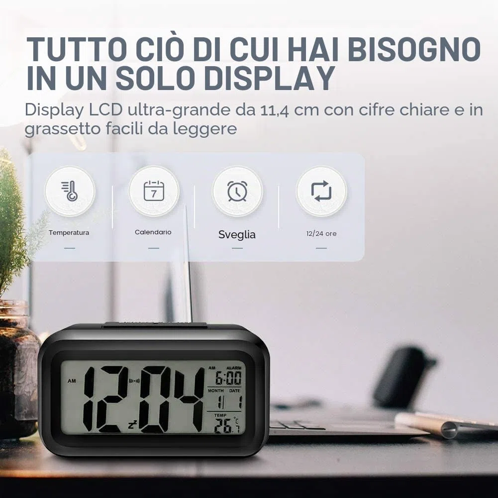 Lesipee - Sveglia Digitale, Orologio per Camera da Letto, Orologio da Scrivania a Batteria, Orologio Digitale con Luce Notturna Intelligente, Display 12/24H, Funzione Snooze per Chi Dorme Molto, per