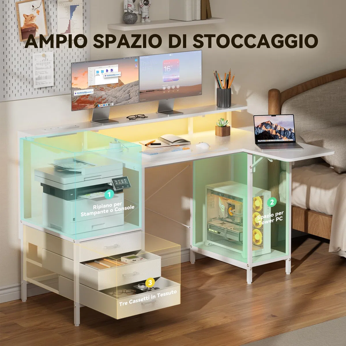SOLAVERO Scrivania Angolare con Piano Pieghevole, 140cm Scrivania Gaming a l con Prese & USB-C, Tavolo Computer con Cassetti in Tessuto, Tavolo Ufficio con Supporto per Monitor, Bianco