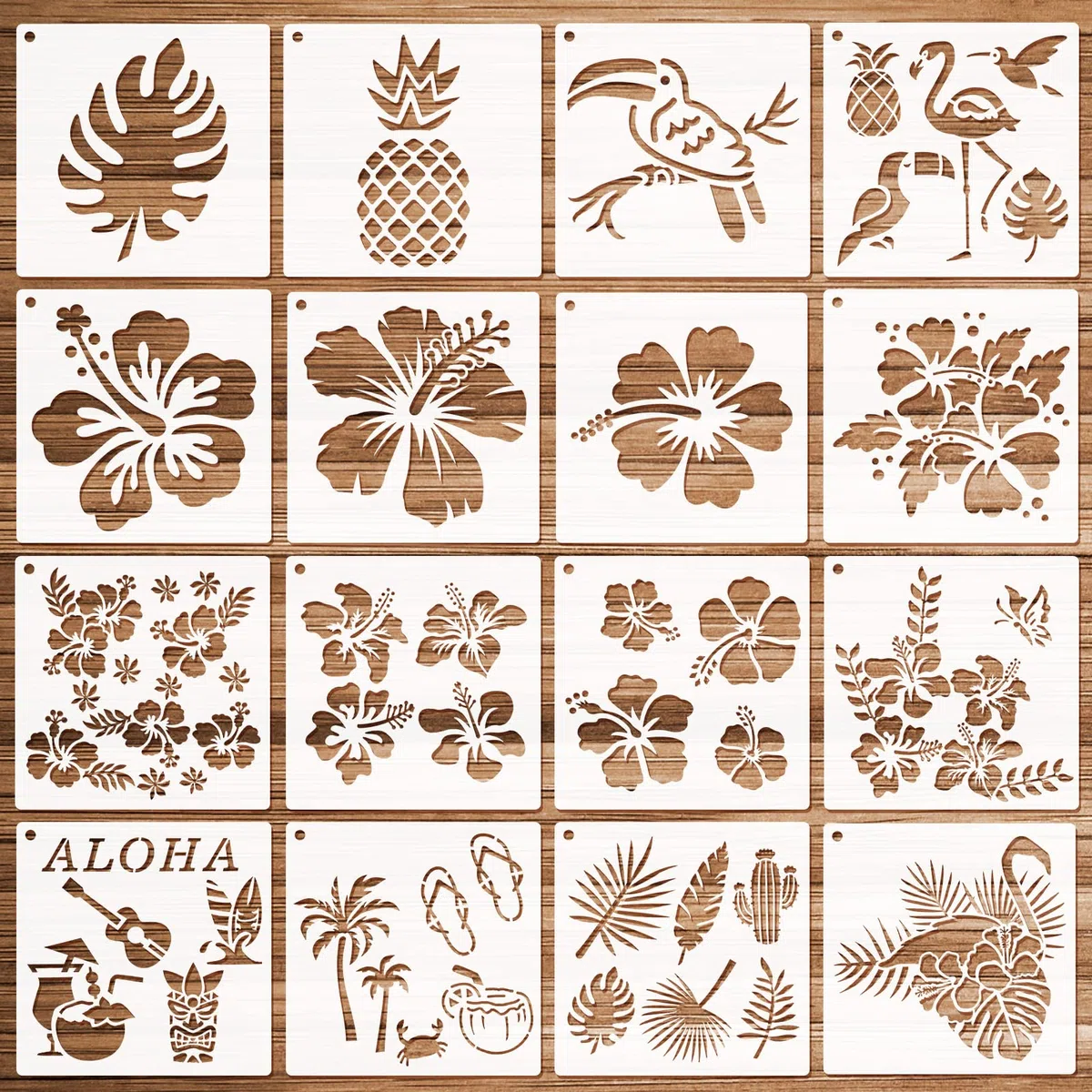 HOWAF Modello di Stencil a Hawaii, 16Pcs Plastica Fiore di Ibisco Stencil Fiori Fenicotteri Tucano Cocco Aloha Riutilizzabili Stencil per Artigianato Disegno Album di Ritagli Parete,14,7 x 14,7cm