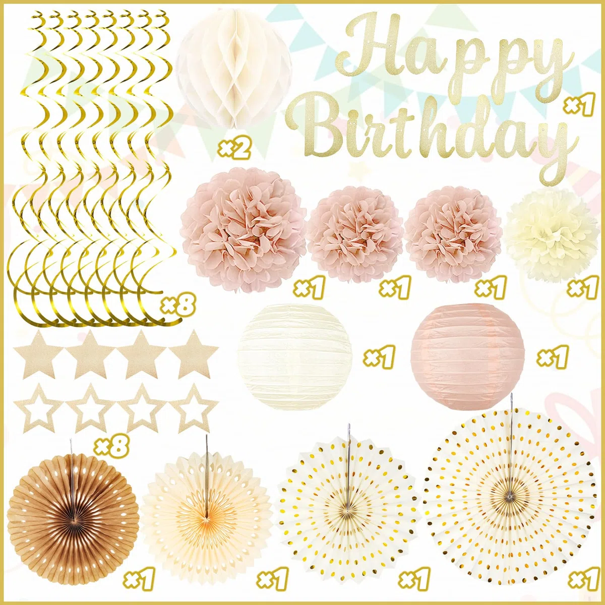 Decorazioni per feste di compleanno in oro champagne – 29 pezzi beige crema retrò decorazioni autunnali per donne e ragazze: striscioni Happy birthday, strisce di carta, pompon – ZERODECO
