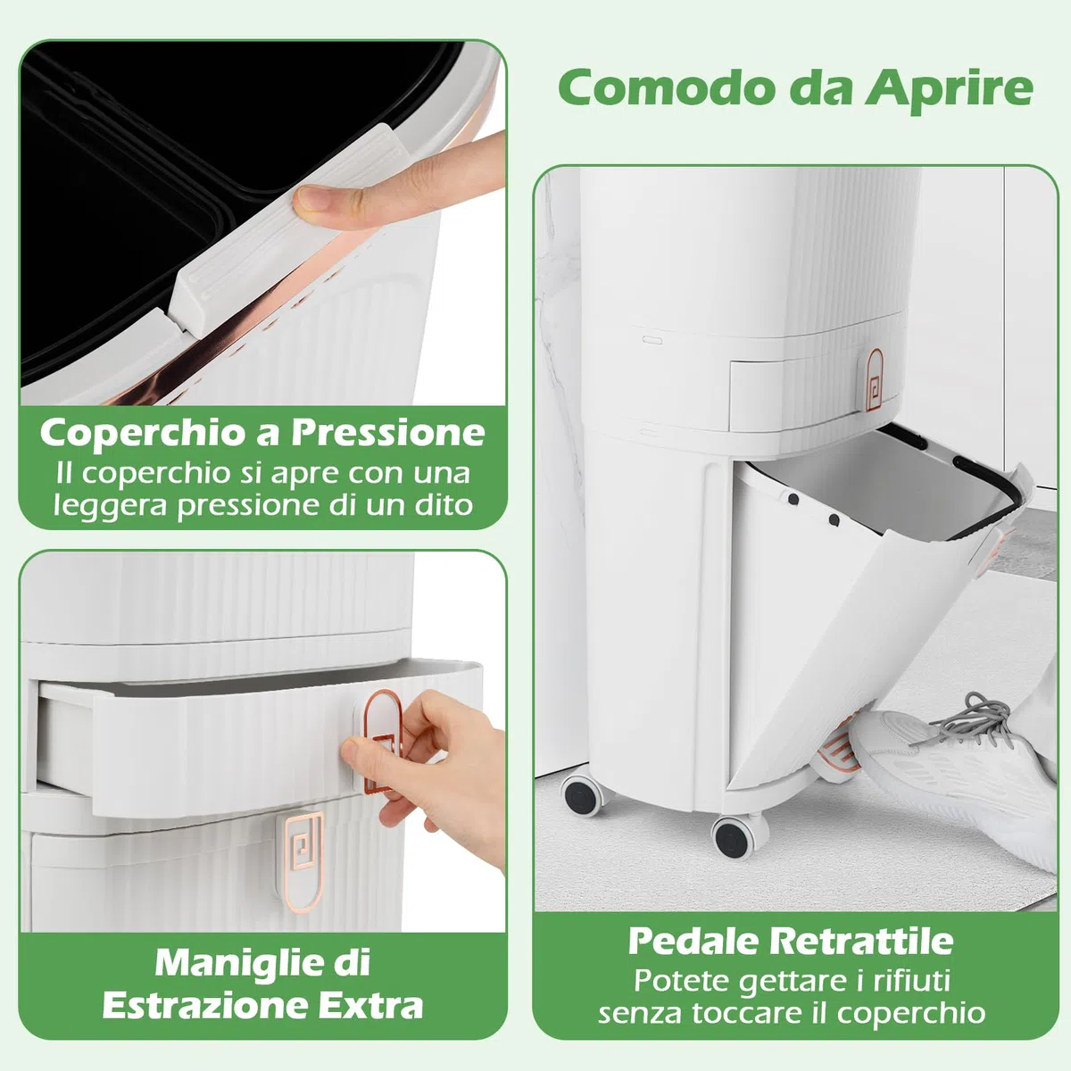 COSTWAY 42 L（12+12+14+4 L） Pattumiera Differenziata, Secchio Spazzatura a 3 Scomparti con Cassetto e Coperchi, 2 Secchi Rimovibili Pedale e Ruote, Bidoni Differenziata per Bagno Cucina Ufficio