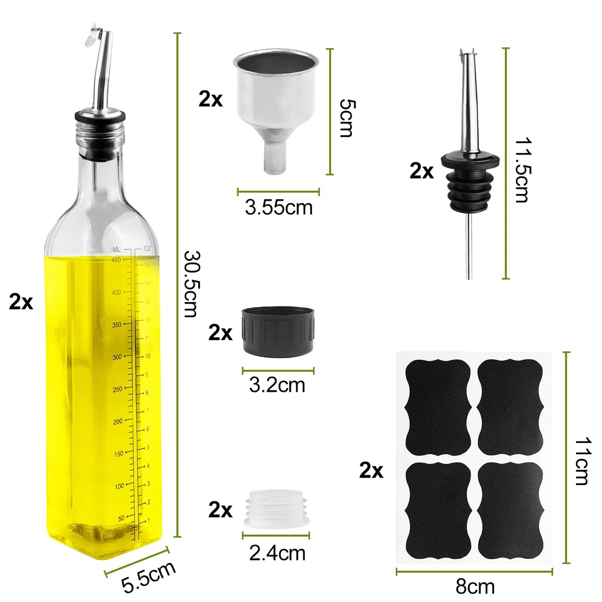 Gvolatee 2PCS oliera salvagoccia 500ml, dispenser olio d'Oliva e Aceto con beccuccio, Imbuto in Acciaio Inossidabile, etichette, dosatore Trasparente bottiglie vetro per Cucina, BBQ, insalate