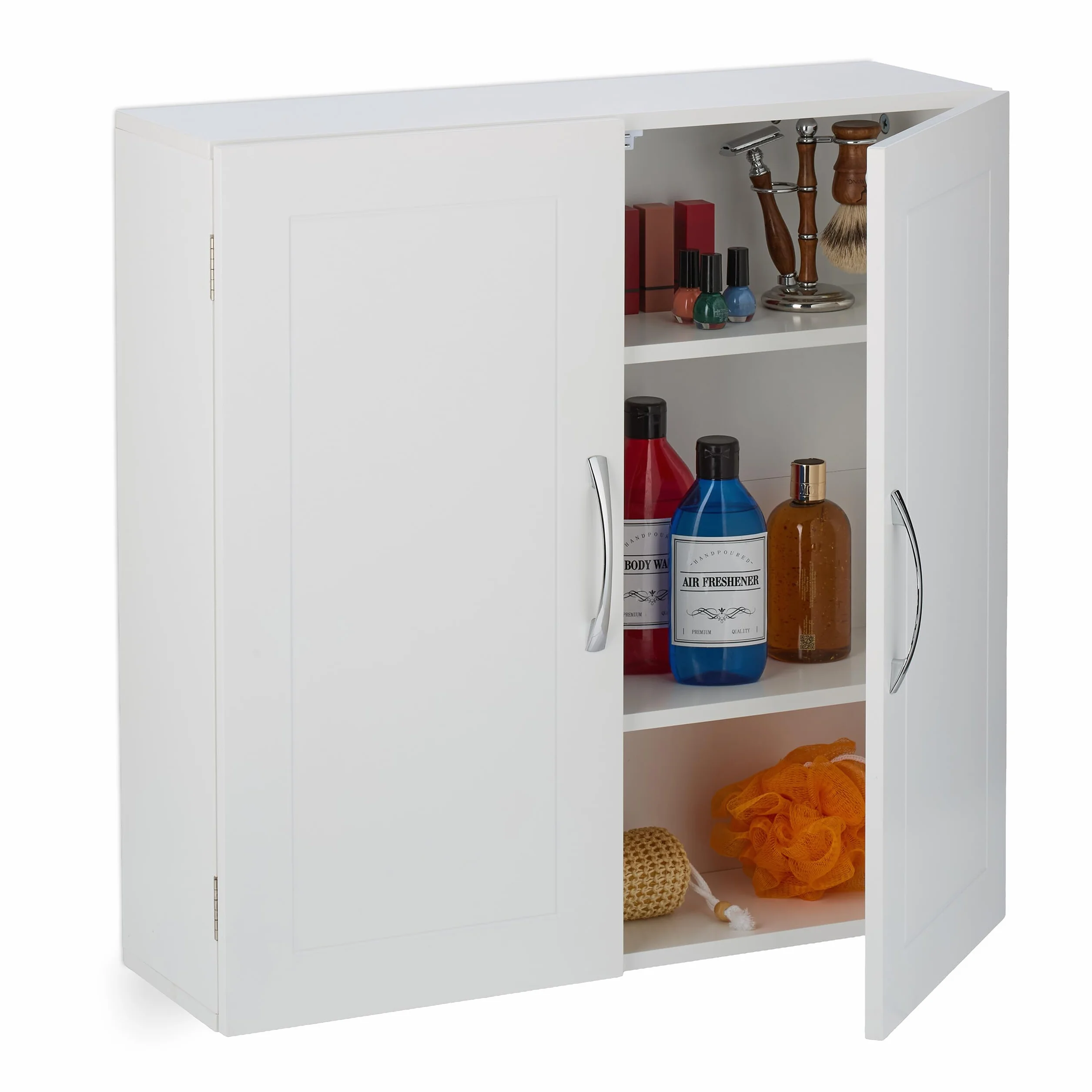 Relaxdays Mobiletto da Bagno Pensile, 3 Ripiani e 2 Ante in MDF, Armadietto Sospeso da Parete, HLP: 60x60x20 cm, Bianco