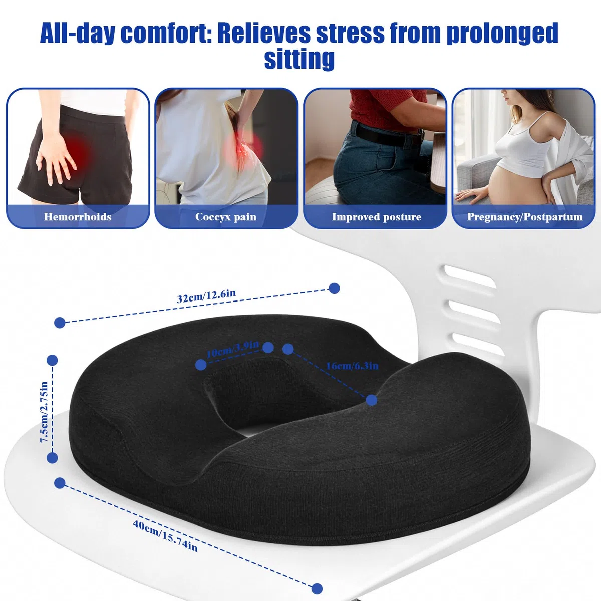 Cuscino Antidecubito, Cuscino Sedia Ufficio, Cuscino Ergonomico, Ciambella per Sedersi – Sollievo per Coccige, Emorroidi, Sciatica, Gravidanza - Memory Foam per Ufficio Casa Auto Sedia