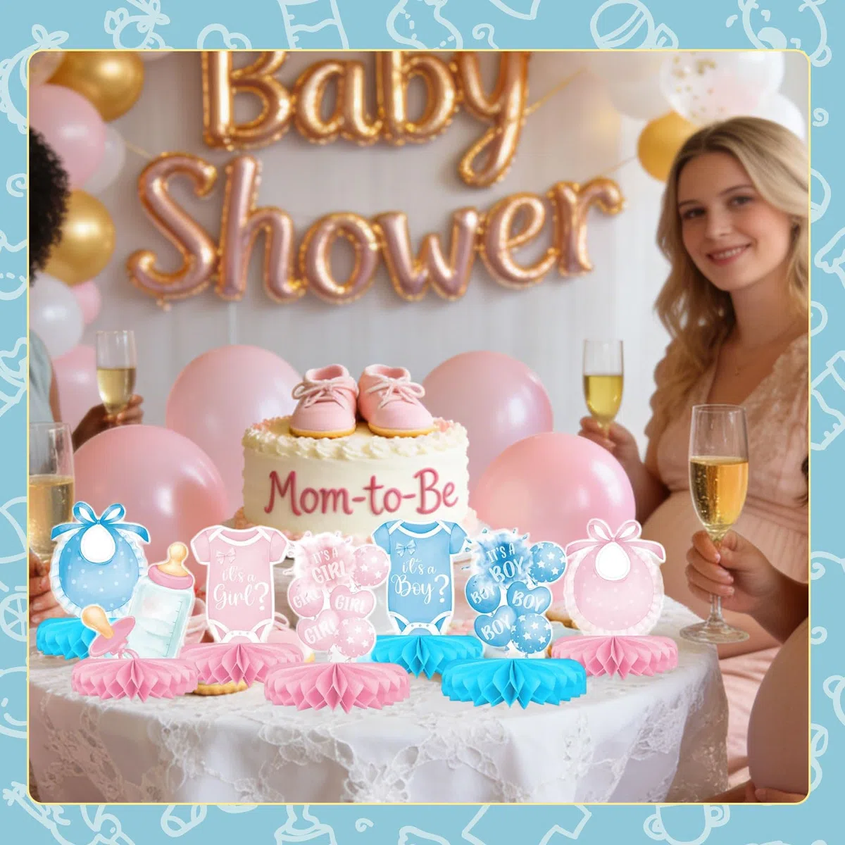 Set di Decorazioni per Rivelazione di Genere - Include Addobbi Tavolo con Centro A Nido d'Ape per Festa di Baby Shower Maschio O Femmina