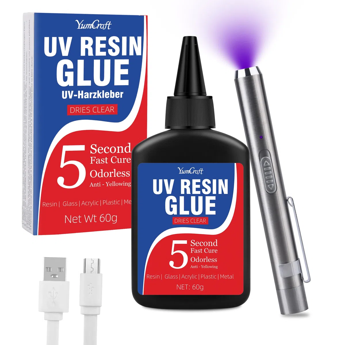 60g Resina UV con Lampada UV, Colla UV con Luce Ricaricabile, 5 Secondi Adesivi di Colla UV a Cura Rapida, Kit di Riparazione Trasparente per Saldatura in Resina, Legame di Gioielli, Plastica, Vetro
