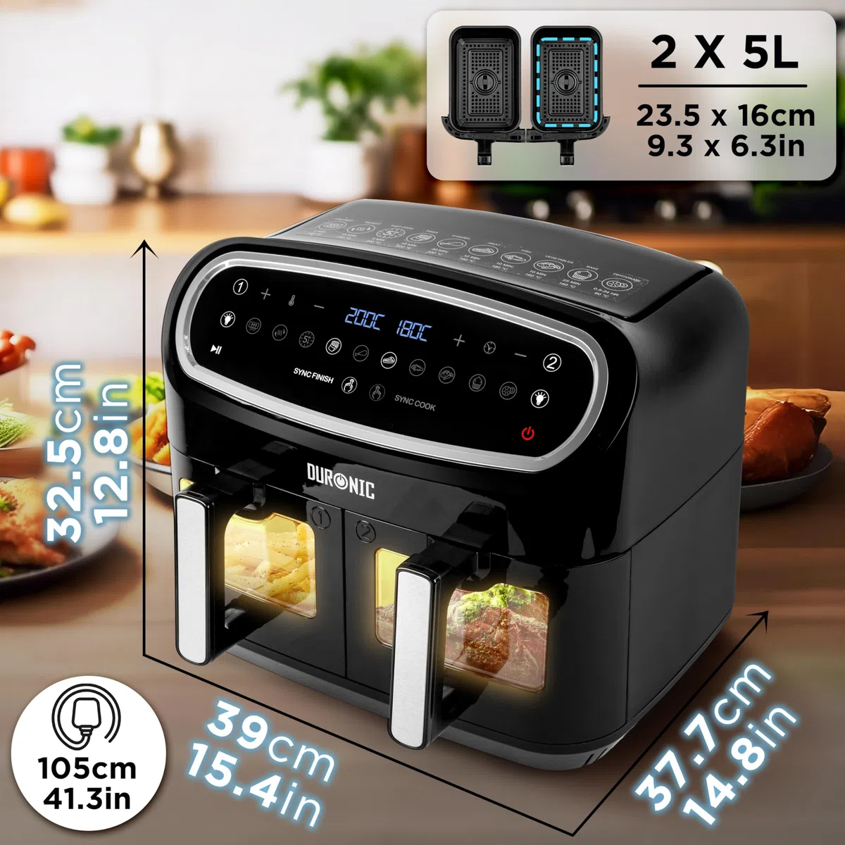 Duronic AF24 Friggitrice ad aria 2400W | Capacità 10 L per tutta la famiglia | Schermo touch e luce interna | 10 programmi di cottura, | Senza olio | Funzioni doppia cottura e finitura sincronizzata