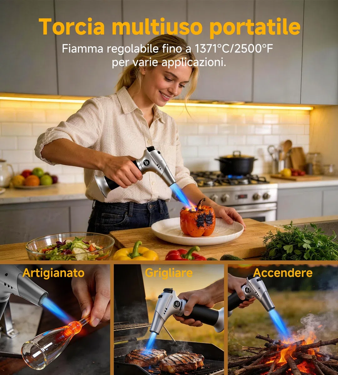 Ankway Cannello da Cucina, Fiamma Ossidrica Portatile con Blocco di Sicurezza e Fiamma Regolabile, Ricaricabile Regolabile per Rendere Croccante e per il Barbecue, Argento-Gas Butano Non Incluso