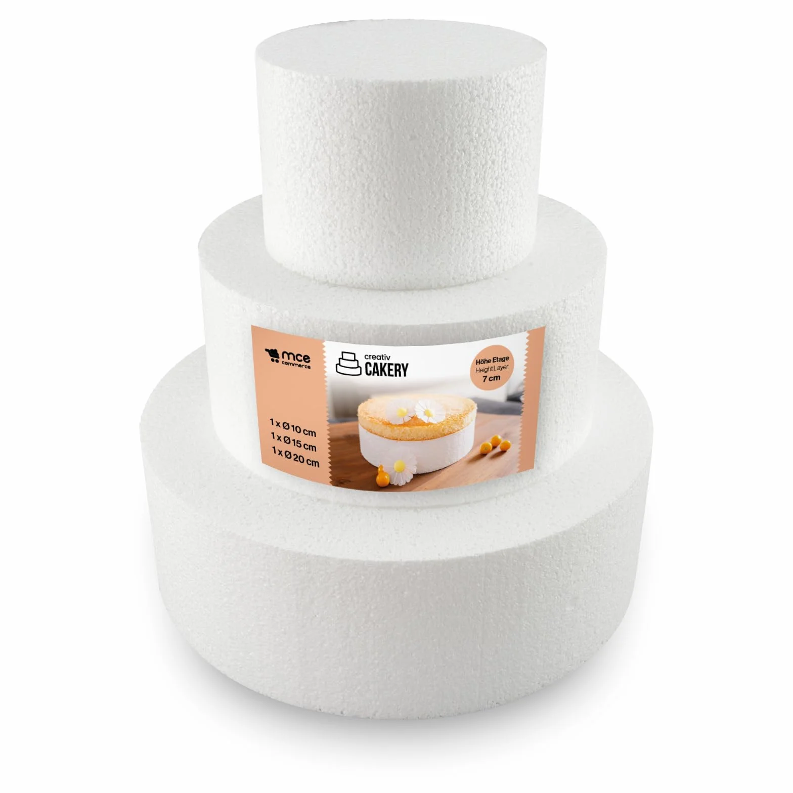MCE-Commerce Set di torte in polistirolo, 3 piani, altezza 7 cm, 10 cm, 15 cm, 20 cm, EPS, bianco, 10cm 15cm 20cm