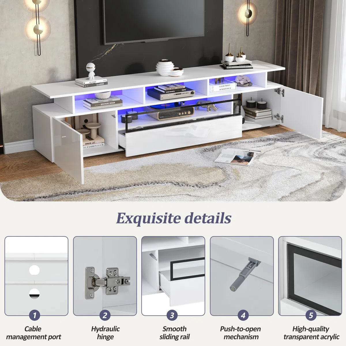 Mobile TV, 180 x 38 x 45 cm, con 2 armadi e 1 cassetto, basso con LED e 10 ripiani, adatto per TV da 75 pollici