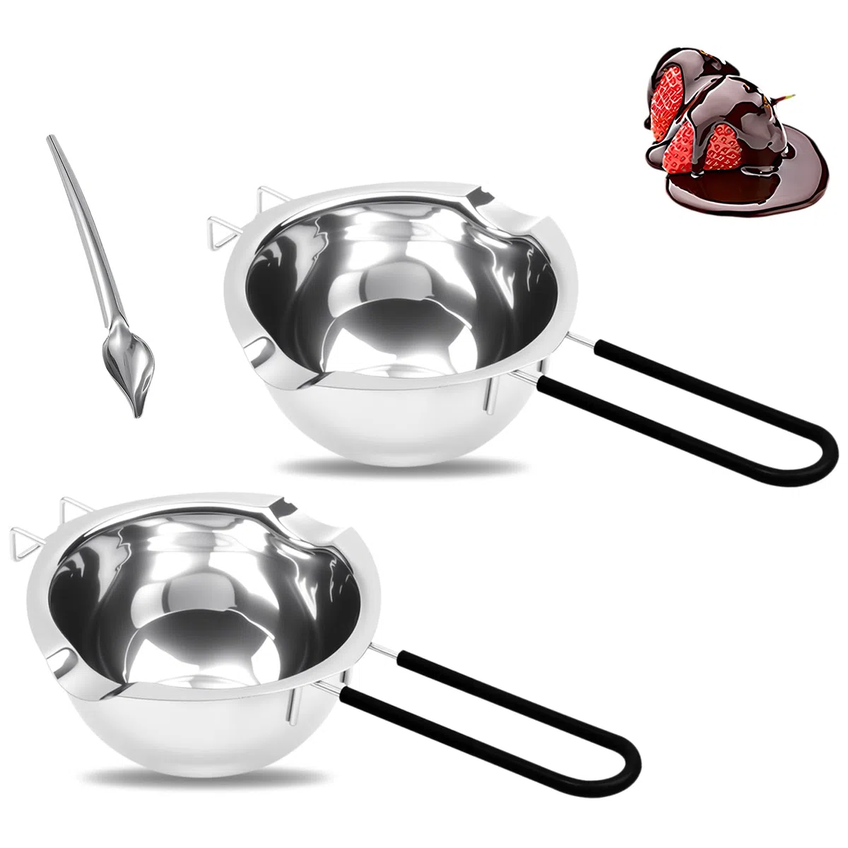 Bagnomaria in Acciaio Inox, 2 Pezzi 400ml Pentolino bagnomaria, 1 Pezzi Cucchiaio in Acciaio Inox, Manico in Silicone, per Cioccolato, Zucchero, Burro, Formaggio, Caramello, Acciaio Inox 304